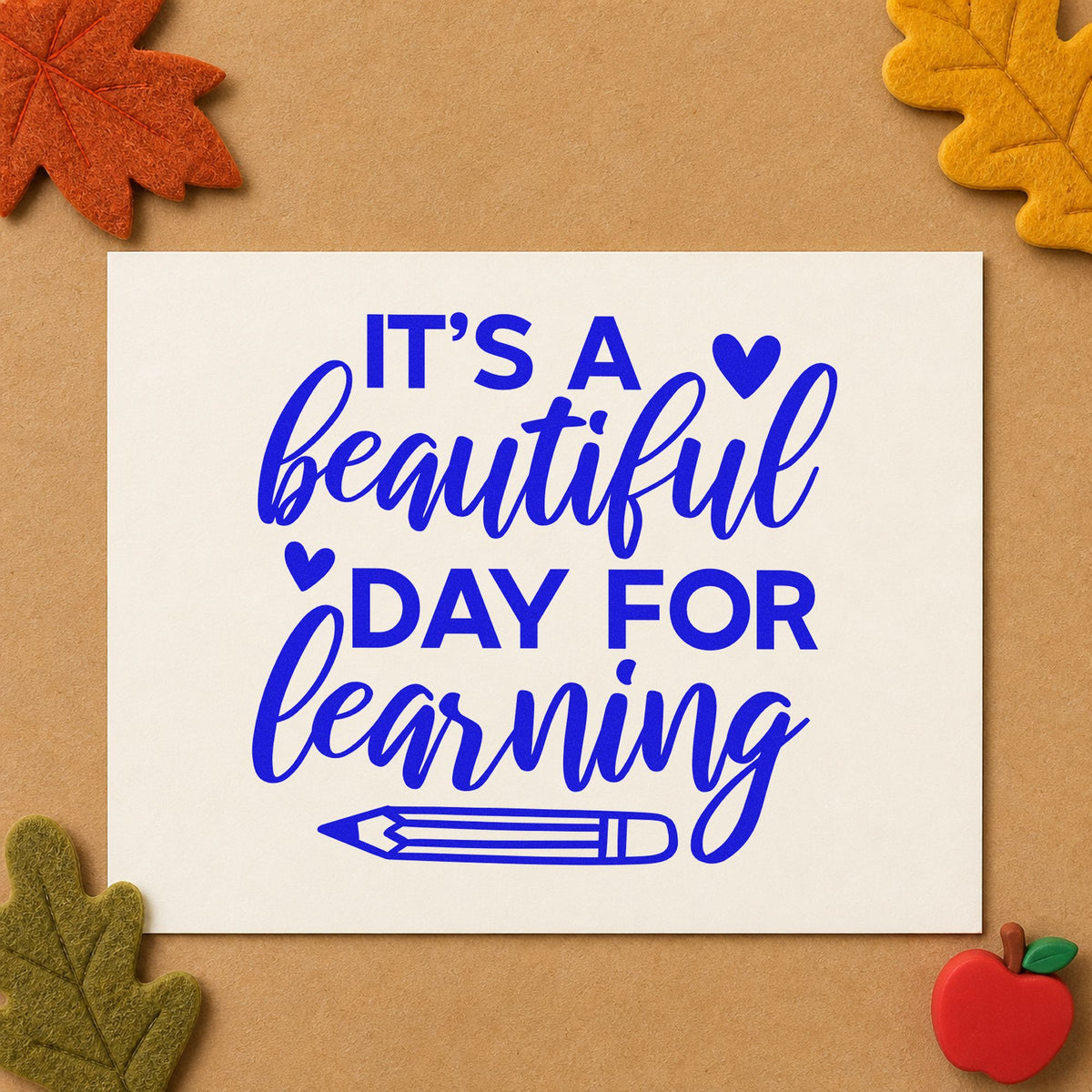 Beautiful Day For Learning craft stamp in blue ink on cardstock, an easy option for sun hat panels.