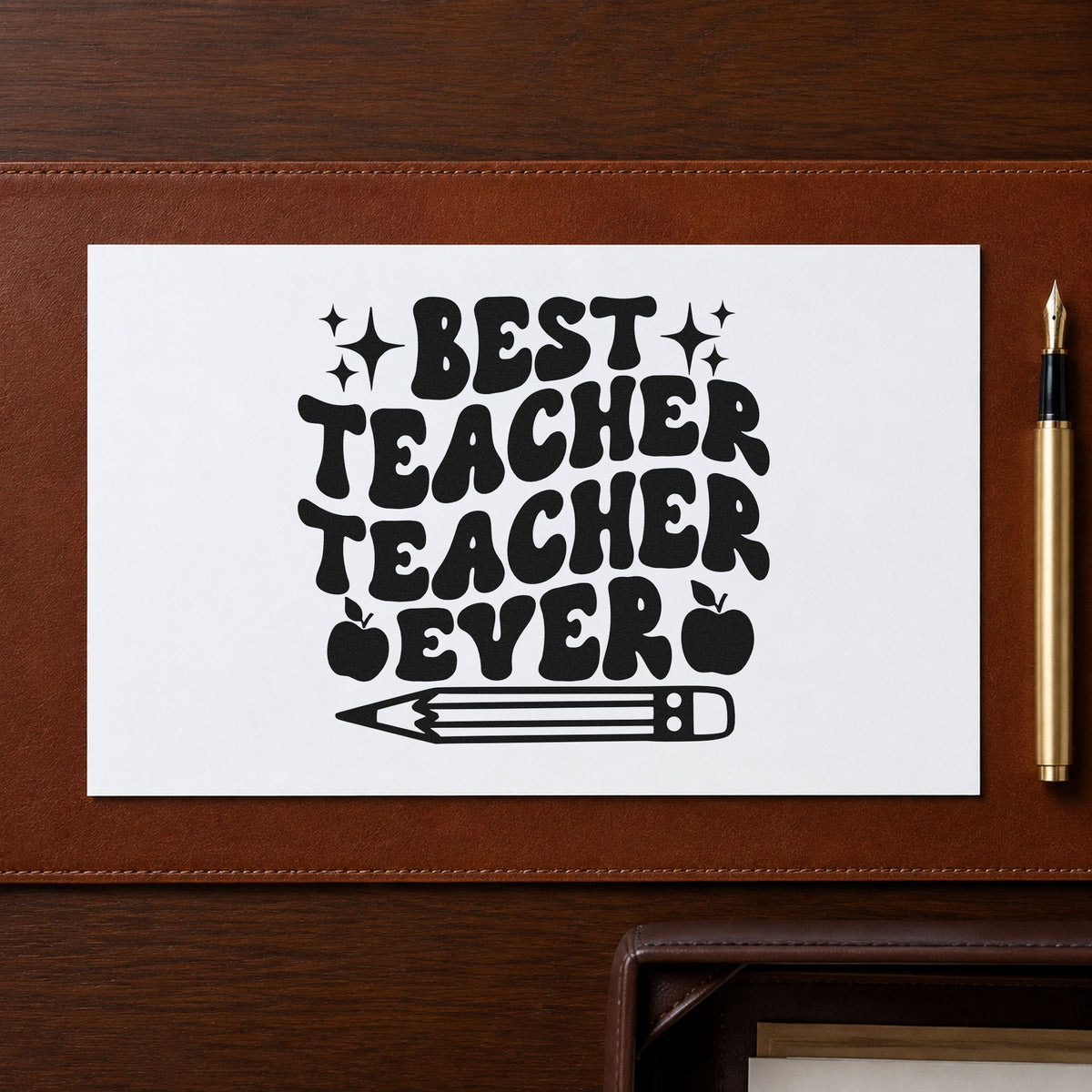 Best Teacher Teacher Ever rubber stamp printed in black ink, ready for doubled word cards and similar paper crafts.