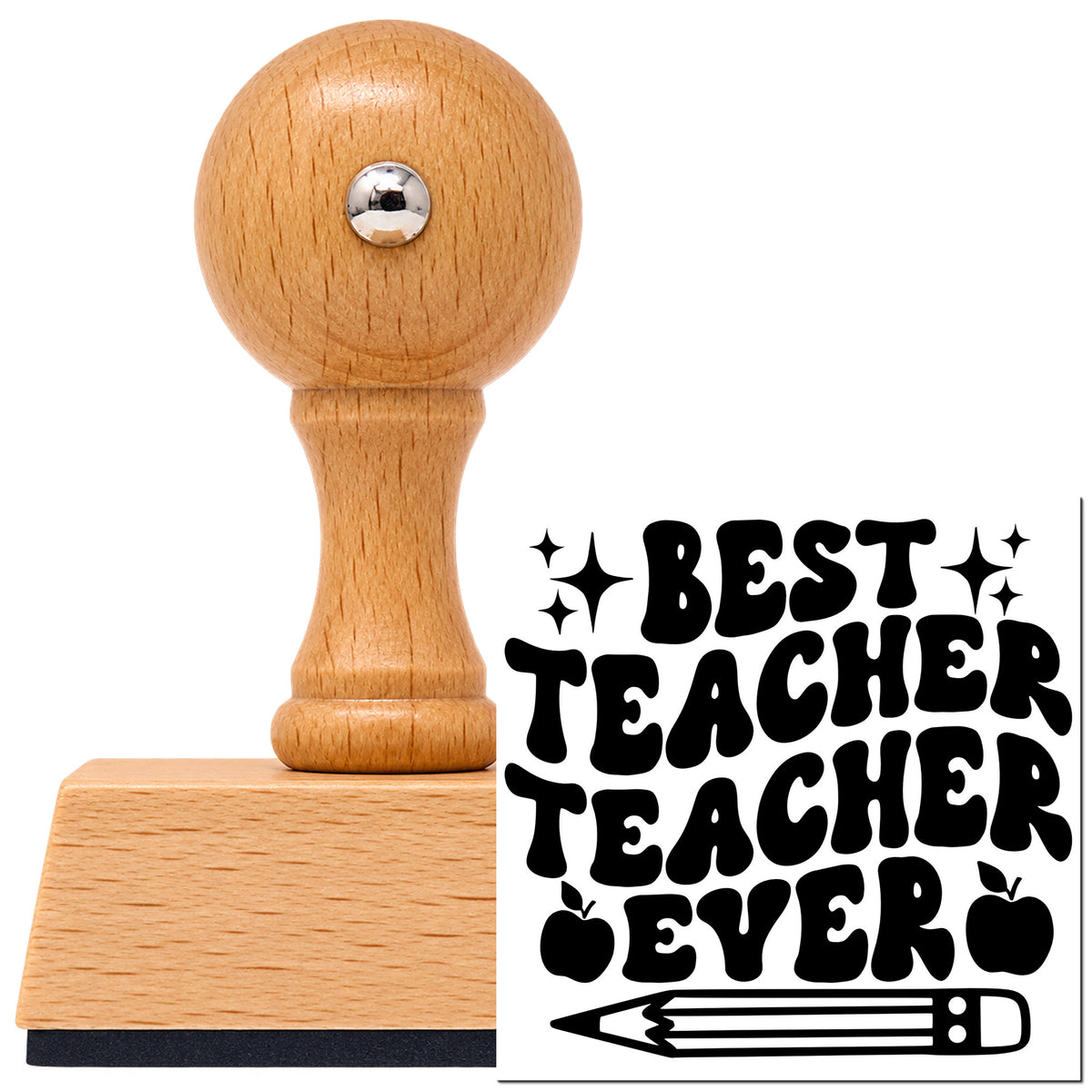 Vintage Pro beech wood stamp with a round knob handle, shown with its black Best Teacher Repeated Teacher Lettering imprint on white.