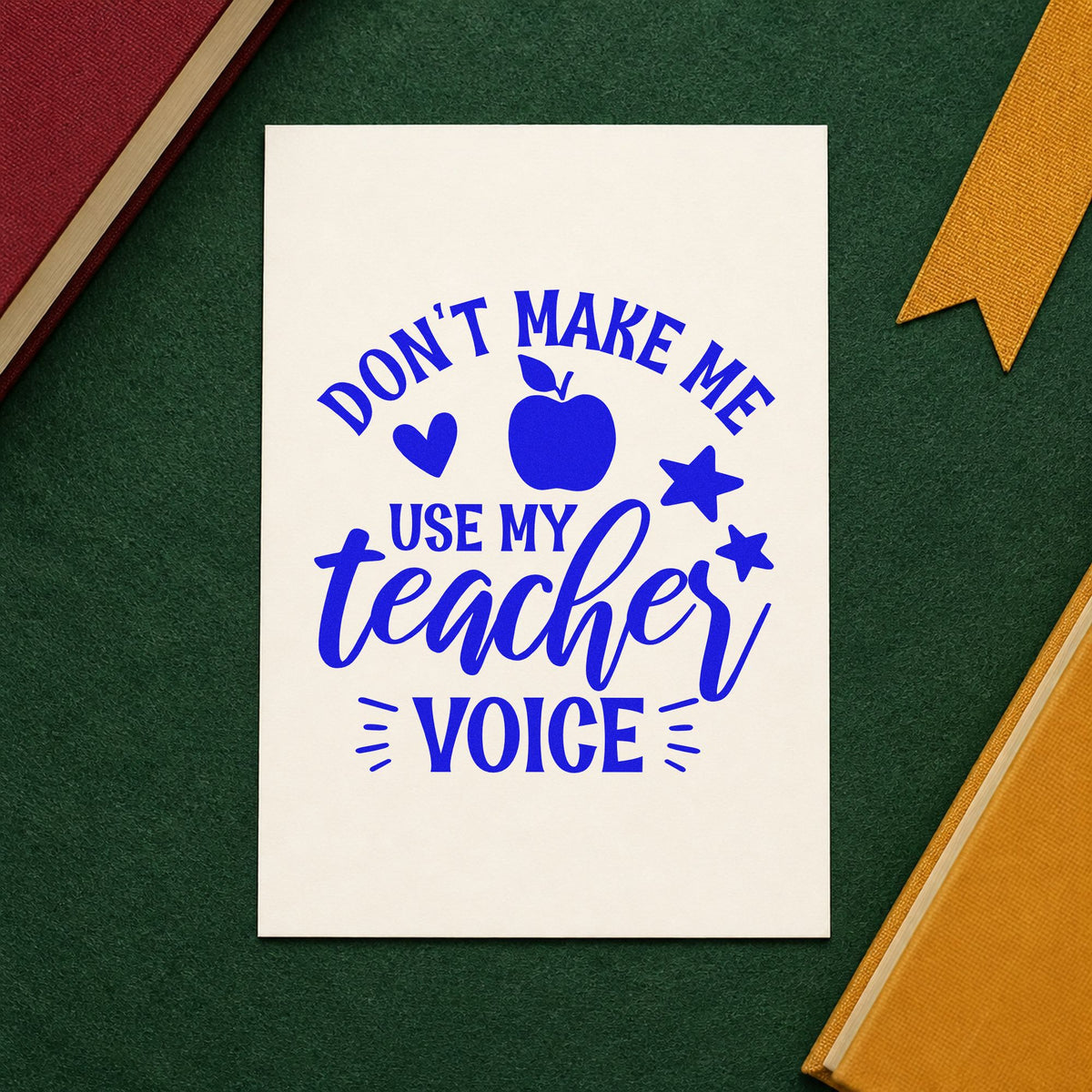 Don't Make Teacher Voice craft stamp in blue ink on cardstock, an easy option for lanyard cord panels.