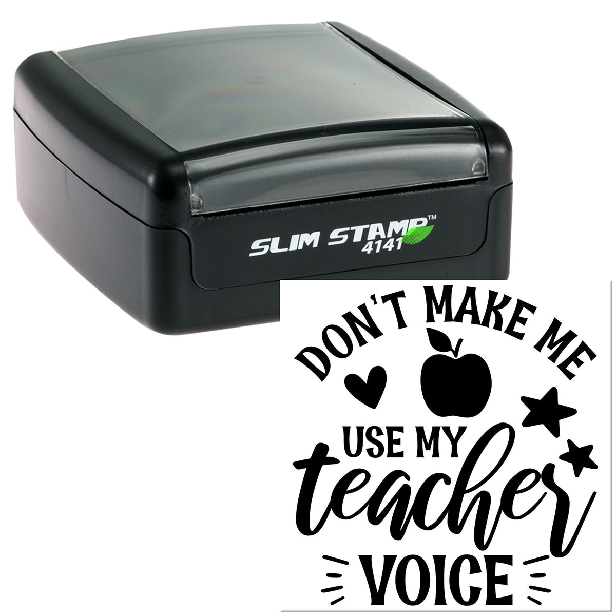 Black Trodat Slim Don't Test The Teacher craft stamp with pre-inked design, ideal for educational and craft stamping projects.