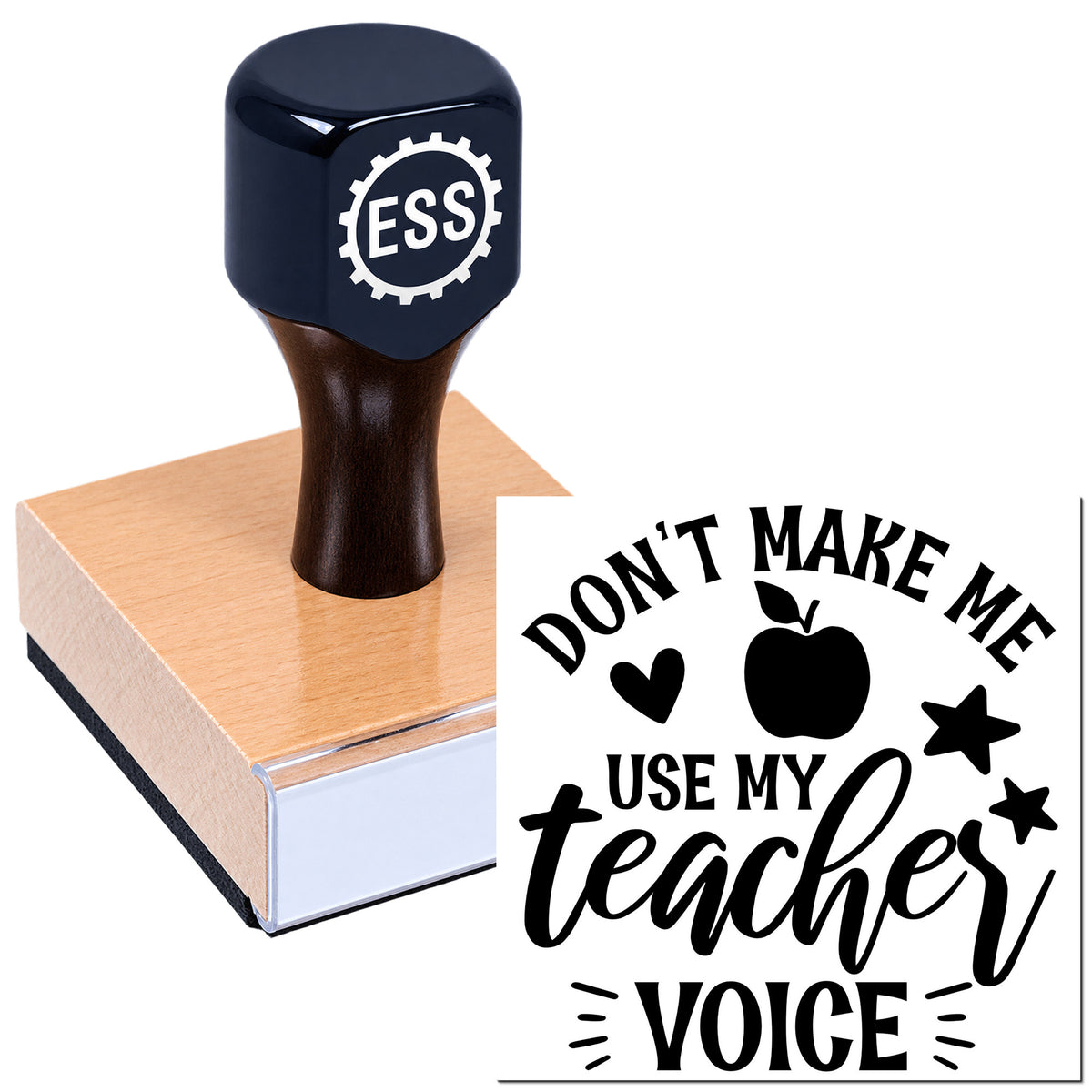 Navy ESS rubber stamp seal on a wooden handle, with "Don't make me use my teacher voice" text, apple, heart, and star icons.