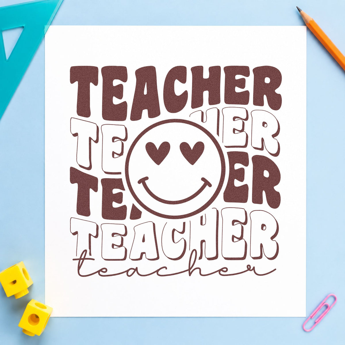 Teacher Repeated Heart Eyed Smile rubber stamp printed in brown ink, ready for reward tub labels and similar paper crafts.