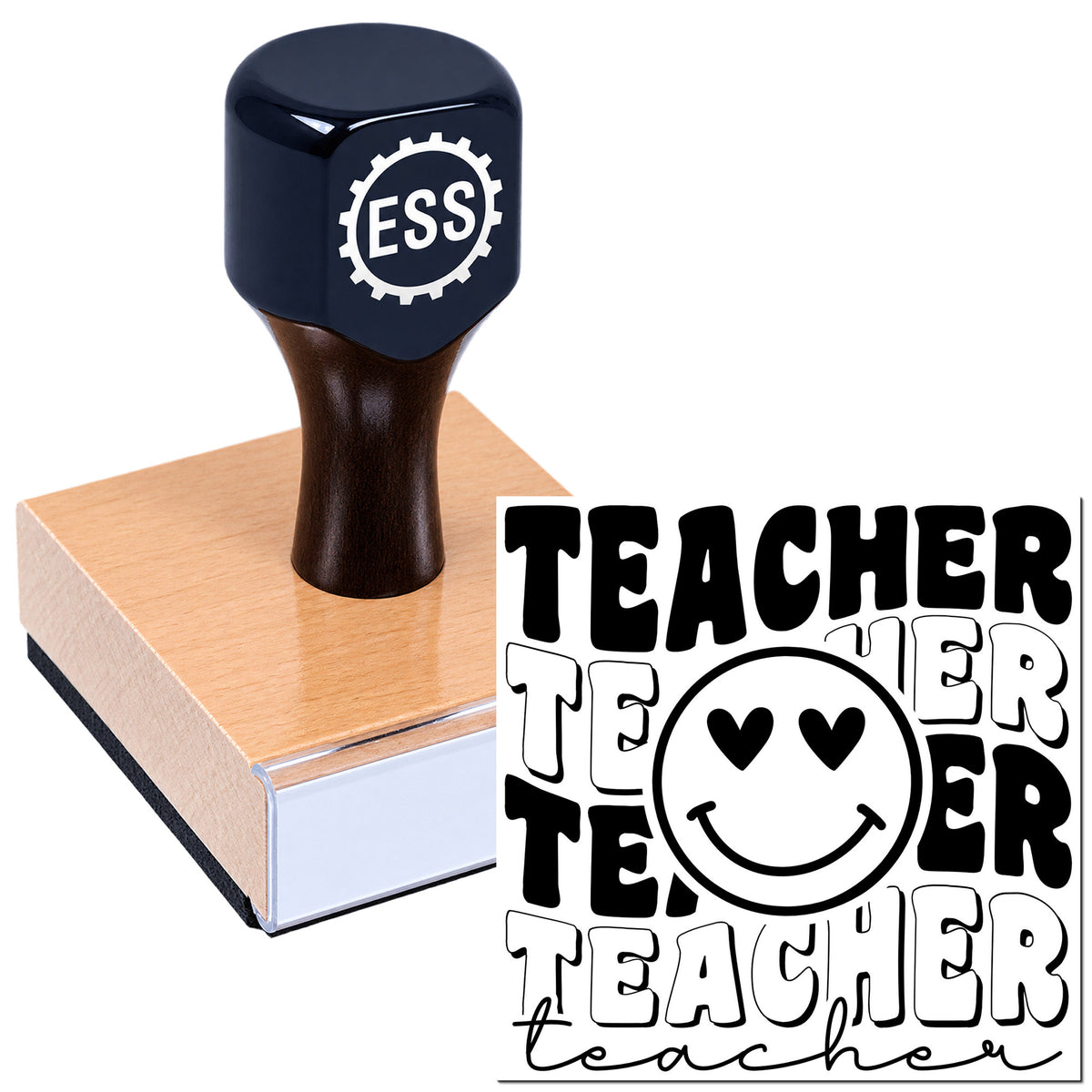 Black ESS rubber stamp seal on tan block, featuring bold black-and-white Teacher Teacher Teacher and smiley face design.