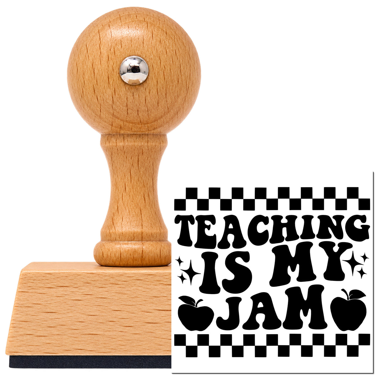 Vintage Pro beech wood stamp with a round knob handle, shown with its black Teaching Is My Jam Checkerboard Apple imprint on white.