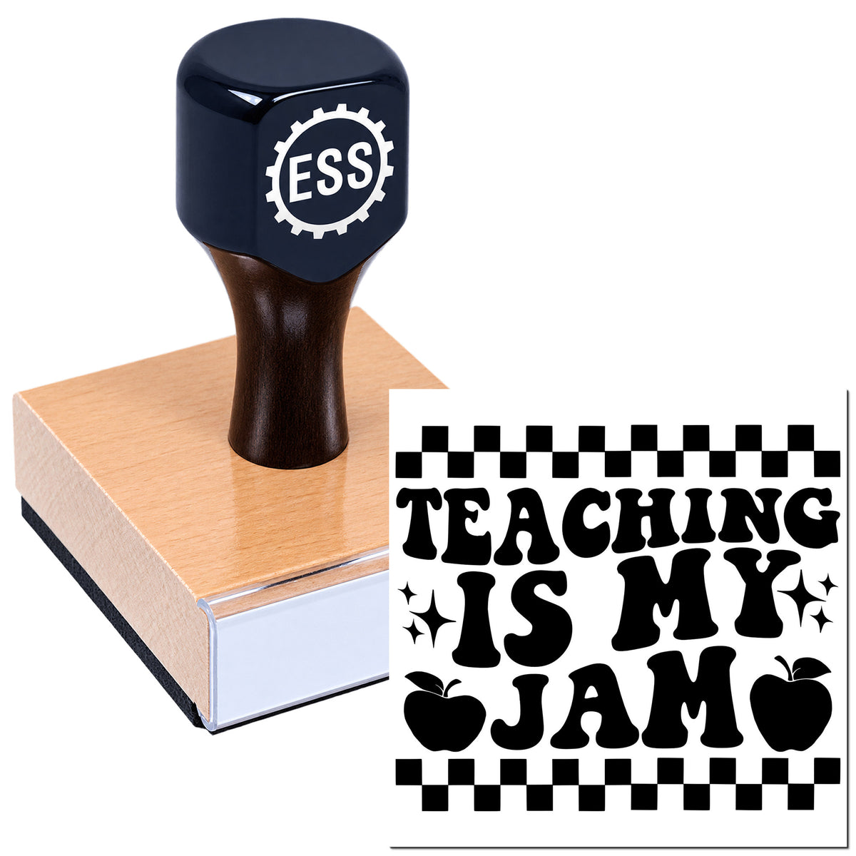 Dark blue ESS rubber stamp on pink wood block beside black "Teaching Is My Jam" seal with checkered border.