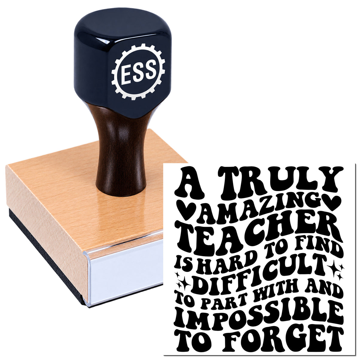 Black ESS rubber stamp on a pink seal block, with bold teacher appreciation text and heart icons.