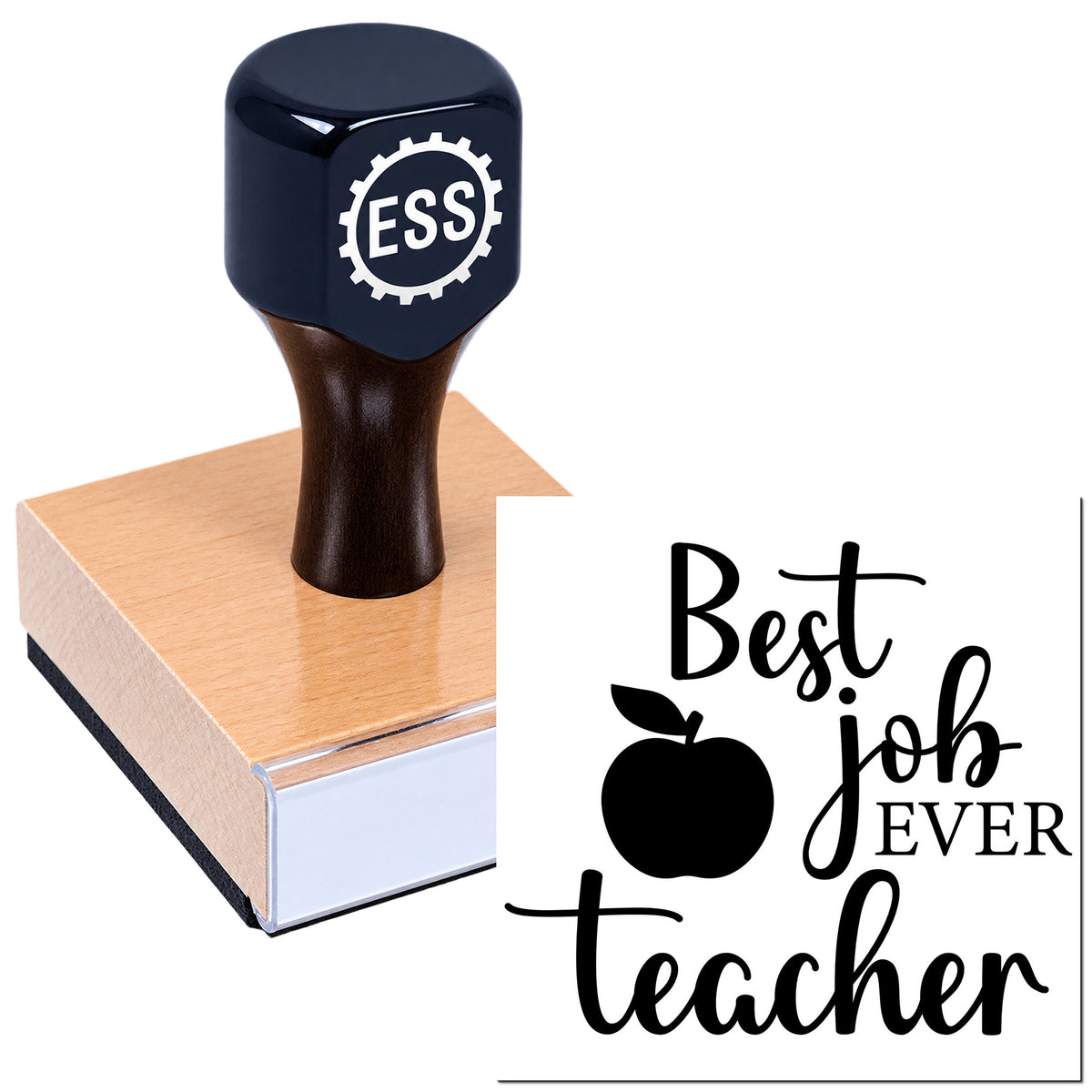 Dark navy ESS stamp and seal on a pink wooden block, featuring a black "Best Teacher Ever" apple design.