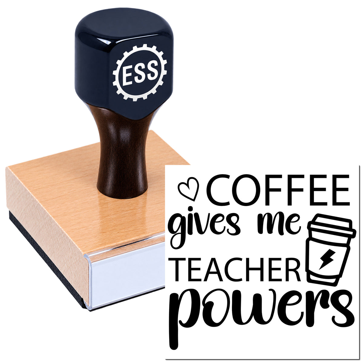 Navy ESS rubber stamp on tan block, printing black "Coffee gives me teacher powers" text with coffee cup icon.