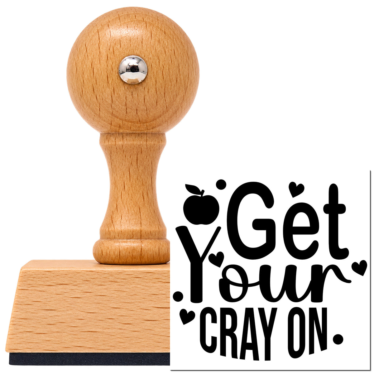 Vintage Pro beech wood stamp with a round knob handle, shown with its black Get Your Cray On imprint on white.