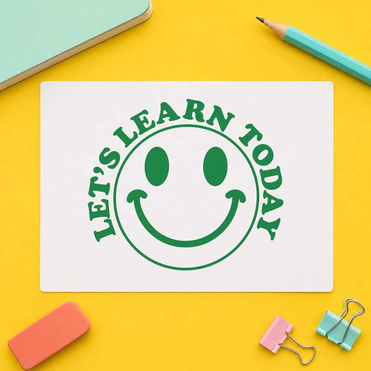 Let's Learn Today Smile craft stamp imprint in green ink on a handmade project, one idea being framed entrance face.