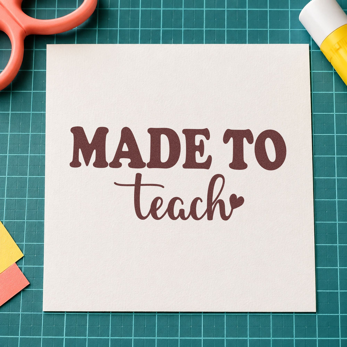 Made To Teach Heart rubber stamp printed in brown ink, ready for study shelf labels and similar paper crafts.