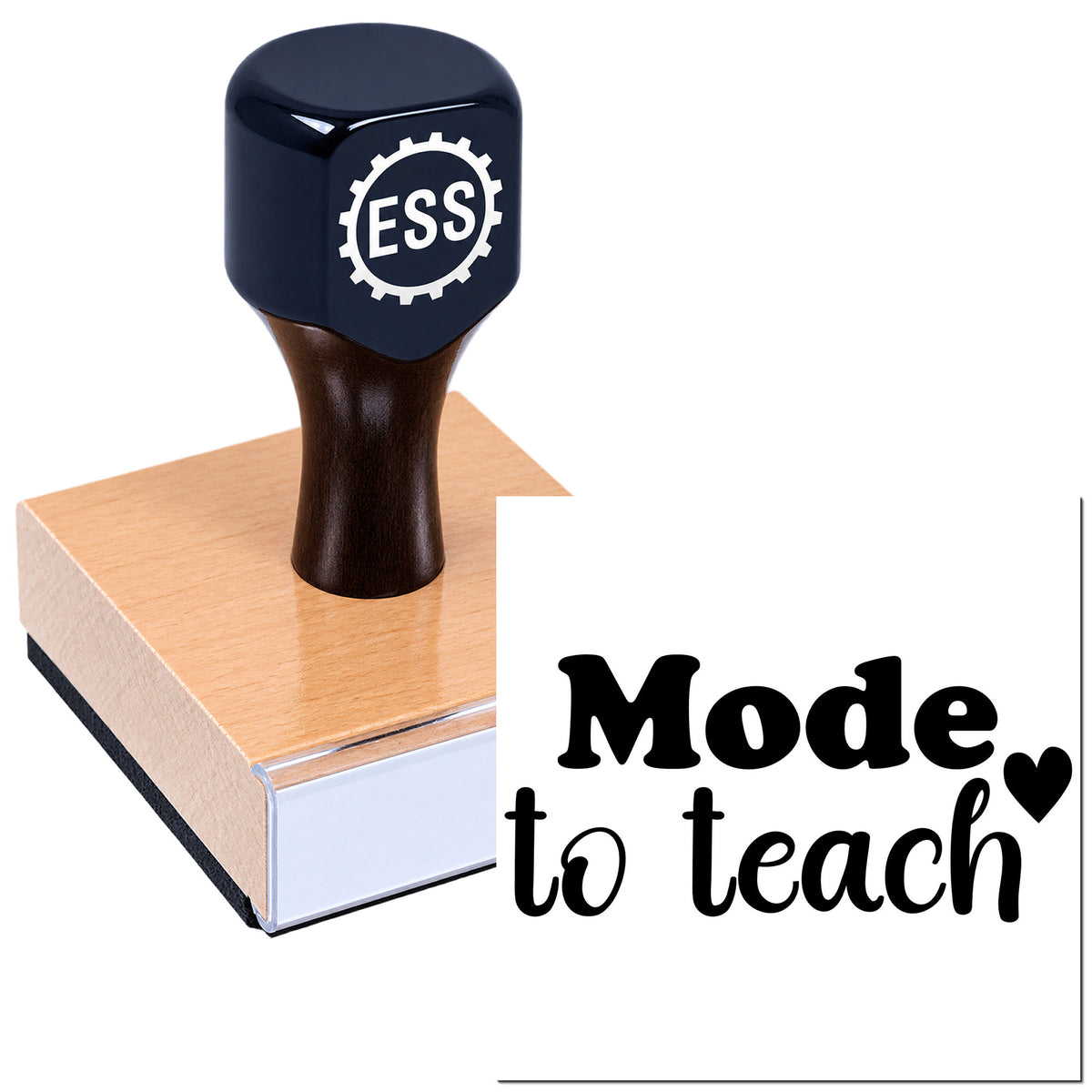 Black ESS self-inking stamp seal on a wooden base with "Mode to Teach" text on a white background.