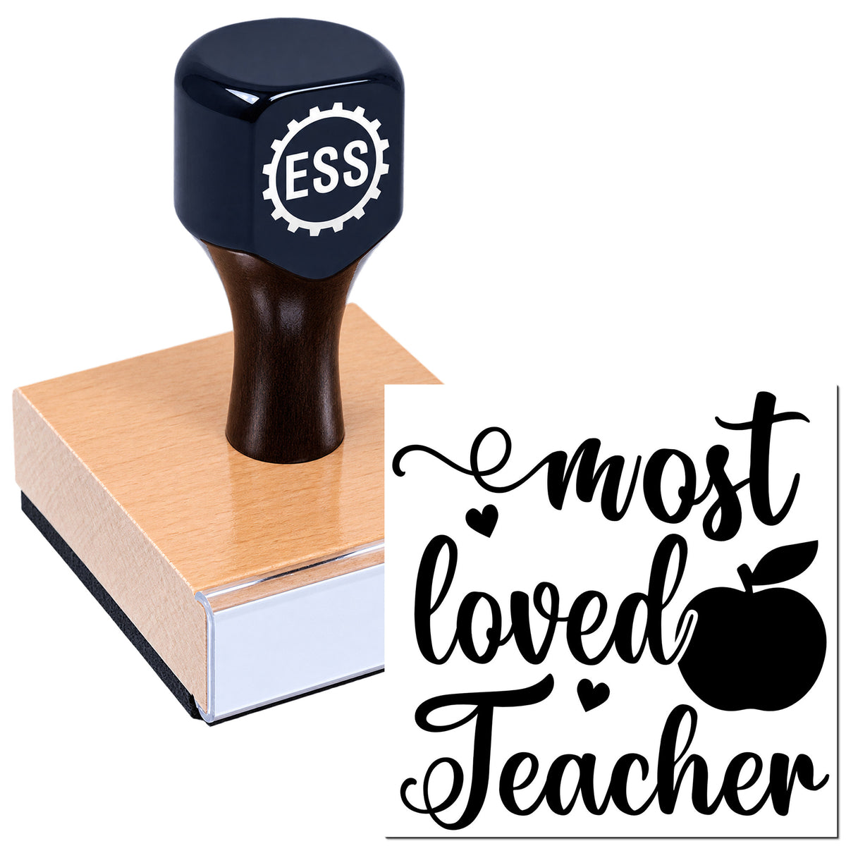 Navy ESS rubber stamp with copper base and black "Most Loved Teacher" seal design, apple icon.