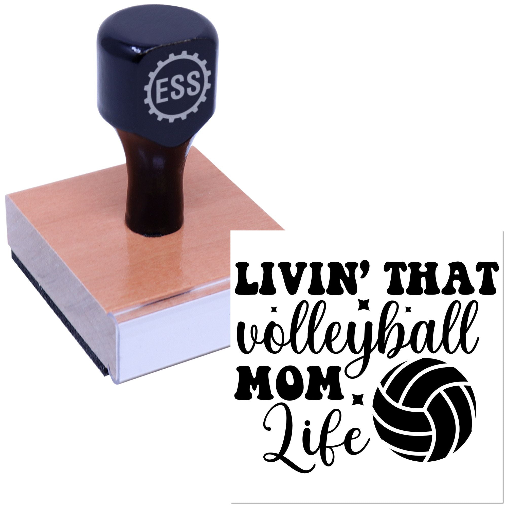Dark navy ESS rubber stamp on a pink wood block beside a black Livin That Volleyball Mom Life seal with volleyball icon.
