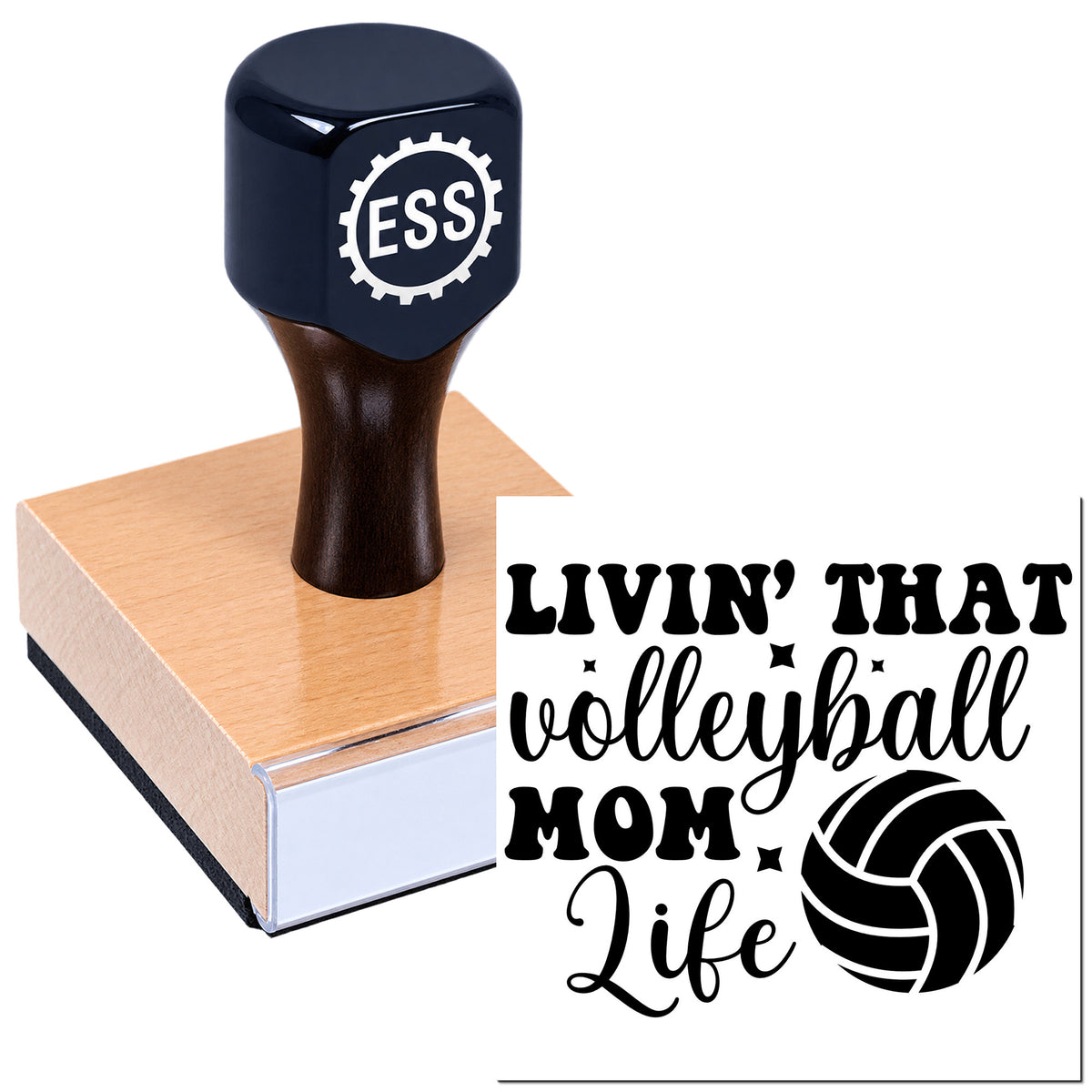 Dark navy ESS rubber stamp on a pink wood block beside a black "Livin' That Volleyball Mom Life" seal with volleyball icon.