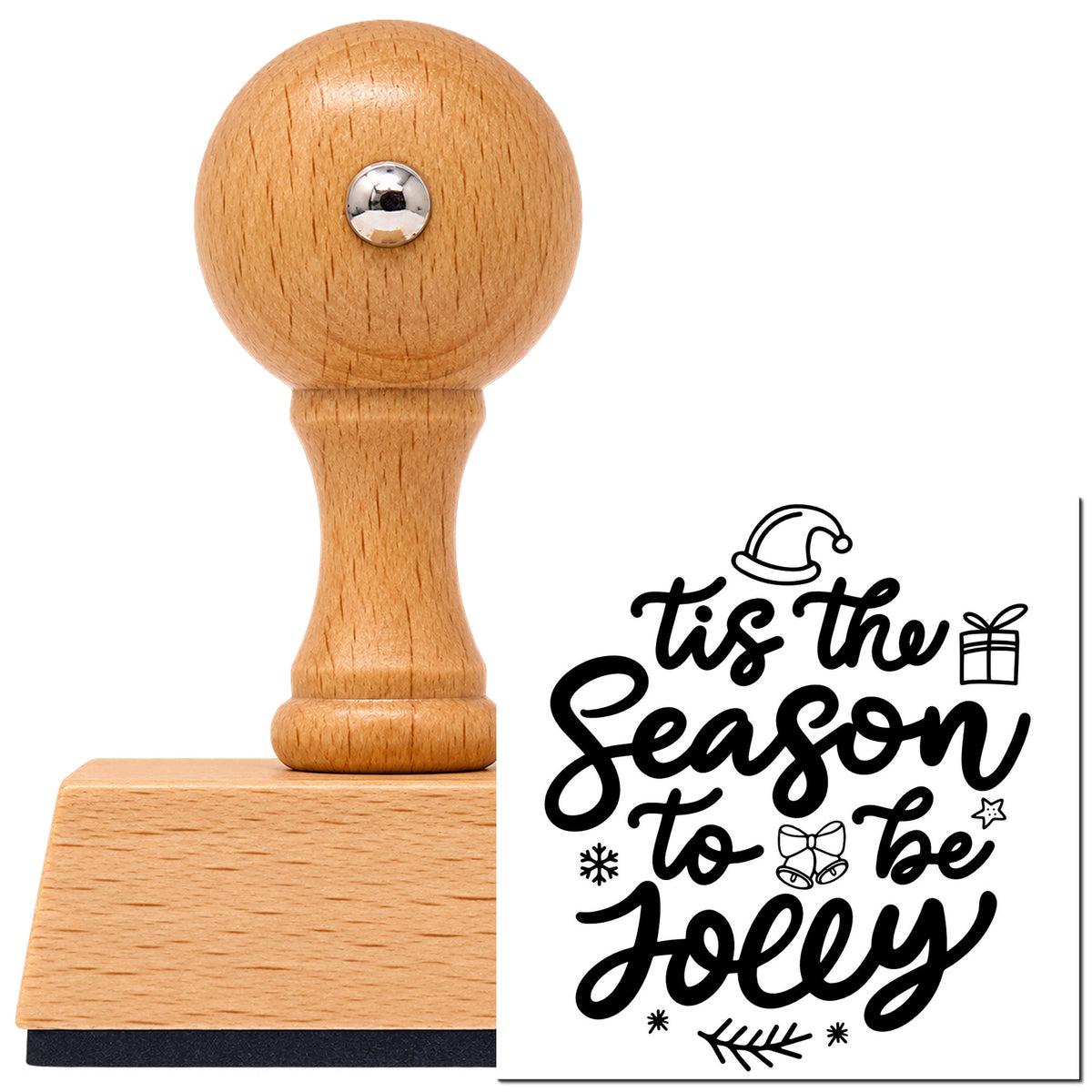 Vintage Pro beech wood stamp with a round knob handle, shown with its black Tis The Season To Be Jolly imprint on white.