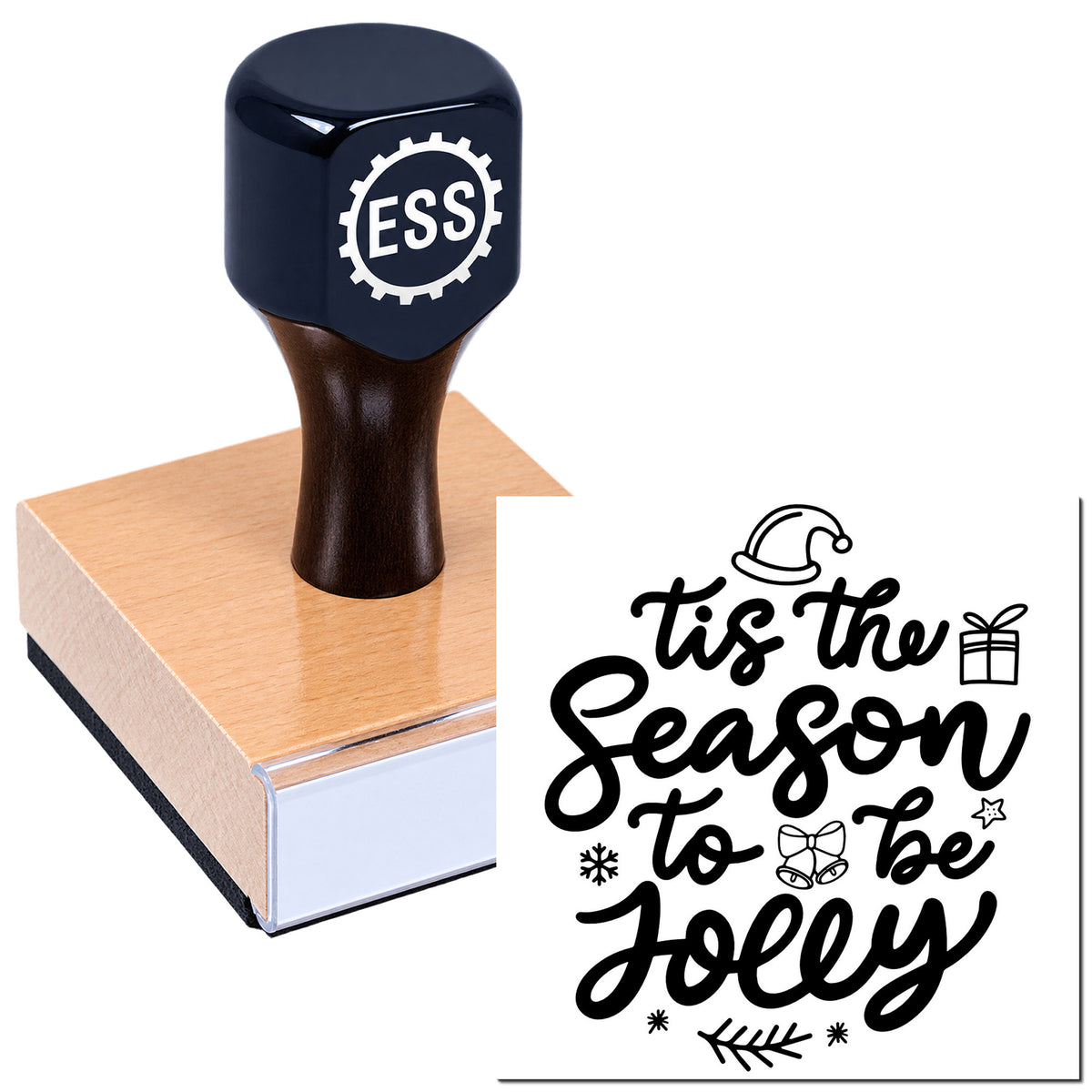 Black ESS stamp and holiday seal on a wooden block, featuring a festive "Tis the Season to be Jolly" design.