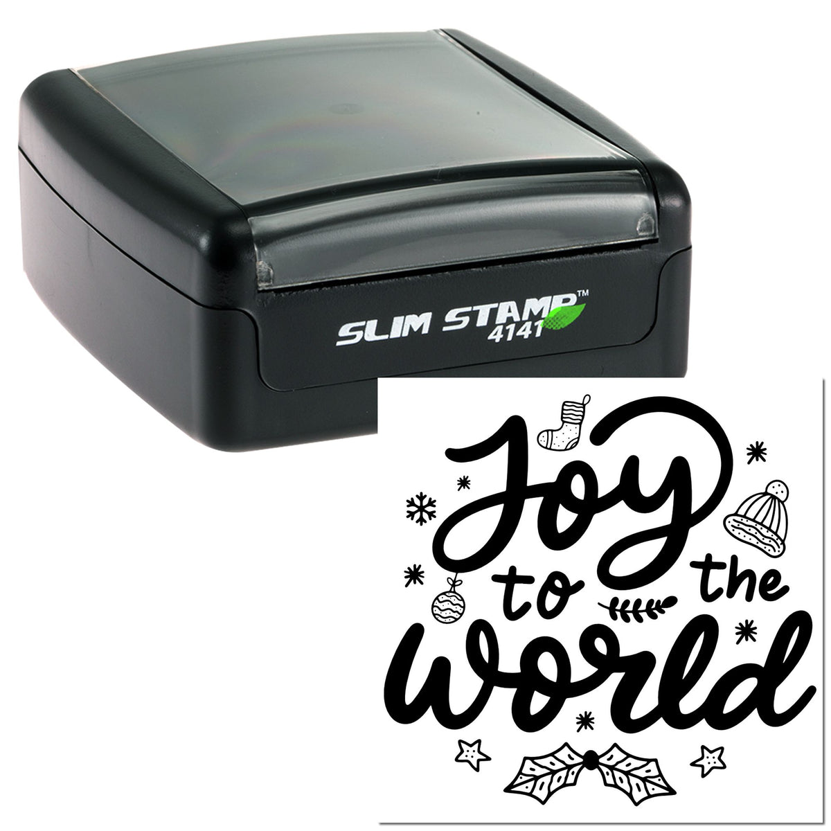 Black Slim Stamp self-inking stamp and seal with Joy to the world holiday design and festive icons on white.