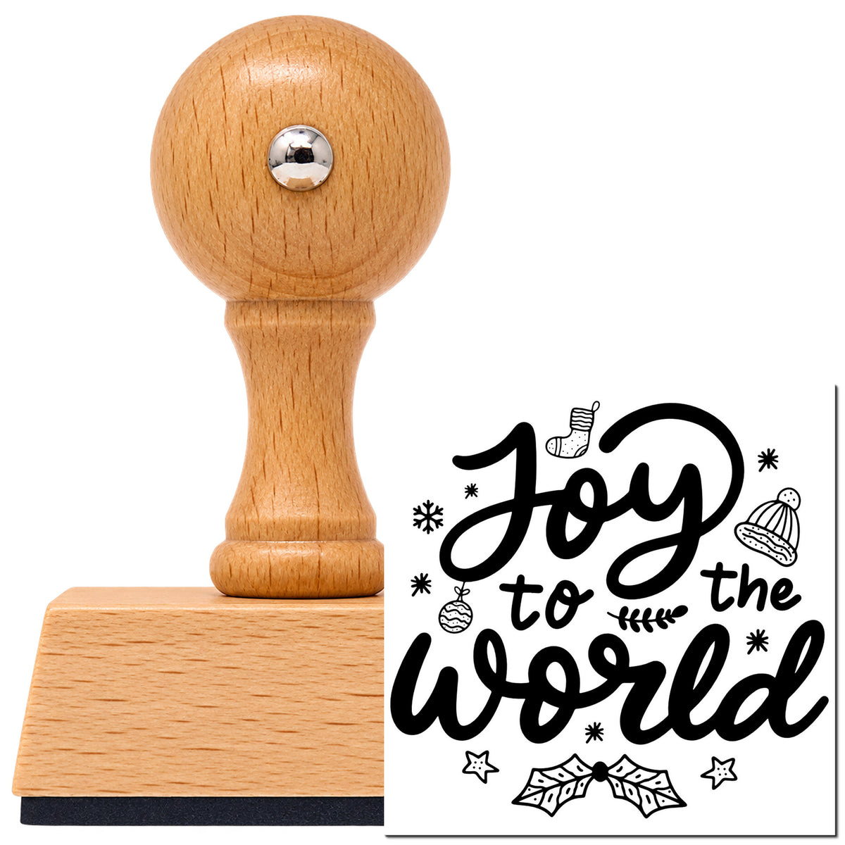 Vintage Pro beech wood stamp with a round knob handle, shown with its black Joy To The World Leaf Accents imprint on white.