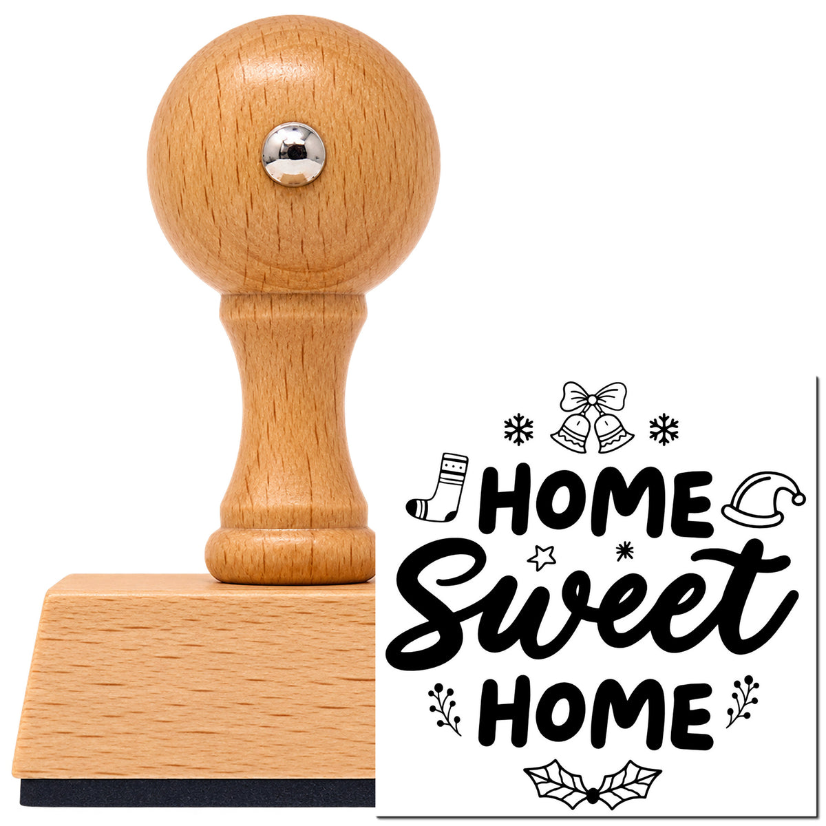 Vintage Pro beech wood stamp with a round knob handle, shown with its black Home Sweet Home Christmas imprint on white.