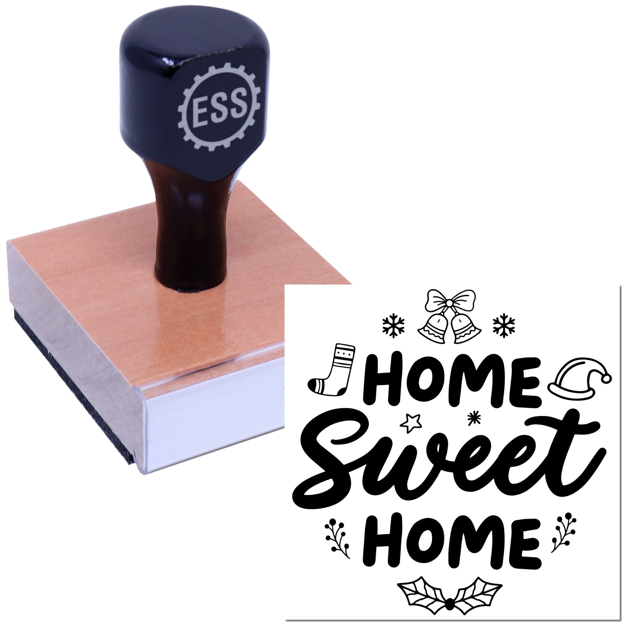 Black ESS rubber stamp on wooden block beside holiday HOME Sweet HOME seal with bells, snowflakes, and holly.