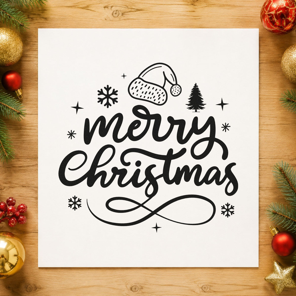 Merry Christmas Hat And Tree rubber stamp printed in black ink, ready for looping flourish cards and similar paper crafts.