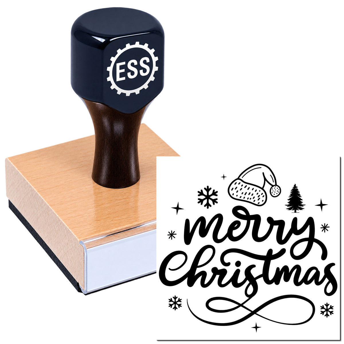Dark blue ESS rubber stamp on wooden seal block with black Merry Christmas design, snowflakes, tree and Santa hat.