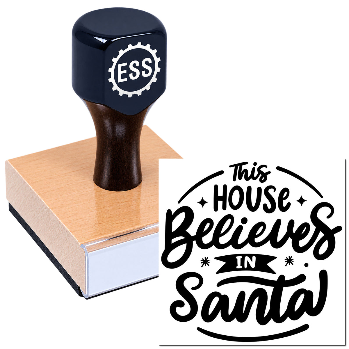 Black ESS stamp on a pink block with a sample seal reading "This House Believes in Santa" in bold black script.