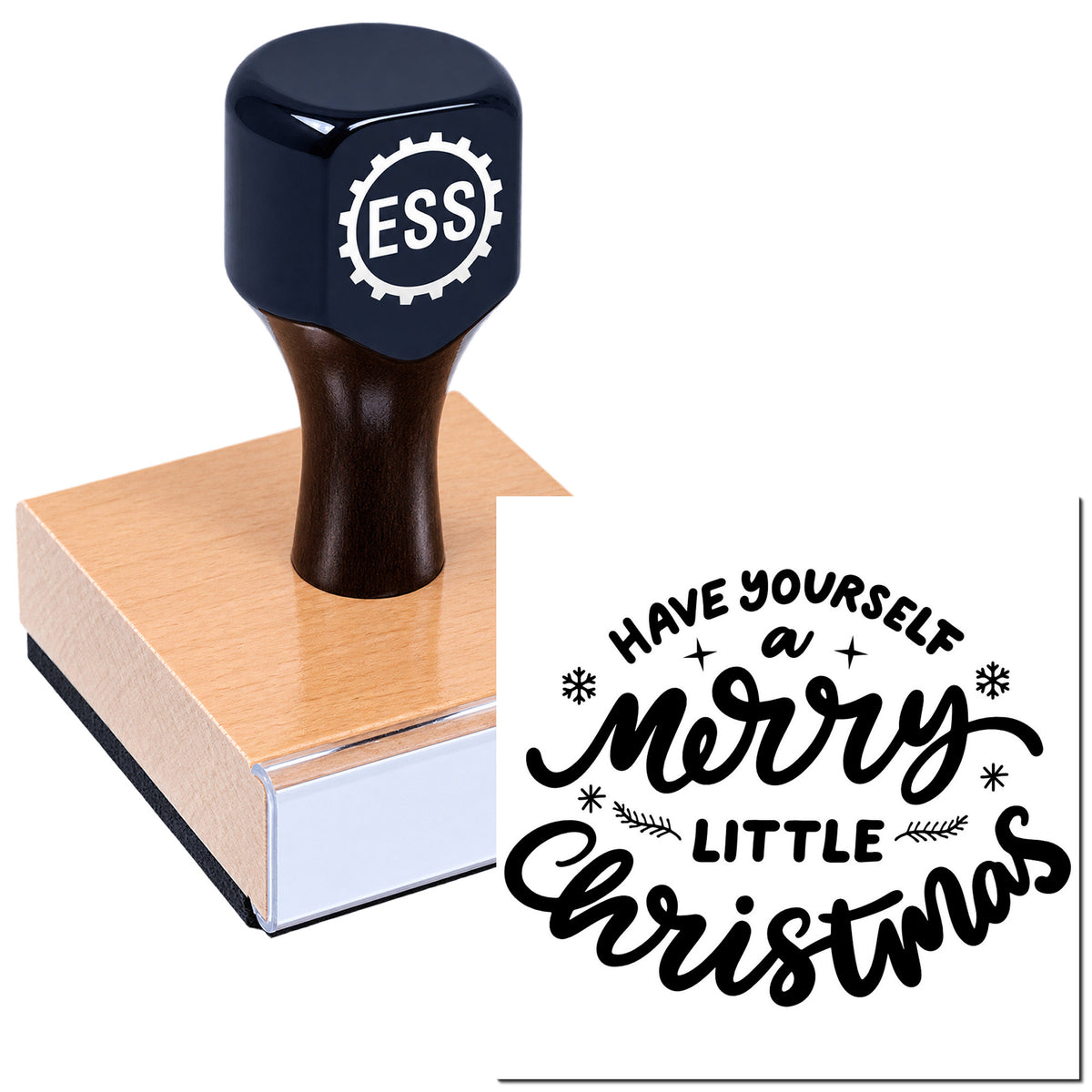 Navy ESS stamp on wood block beside black holiday seal reading "Have yourself a merry little Christmas"