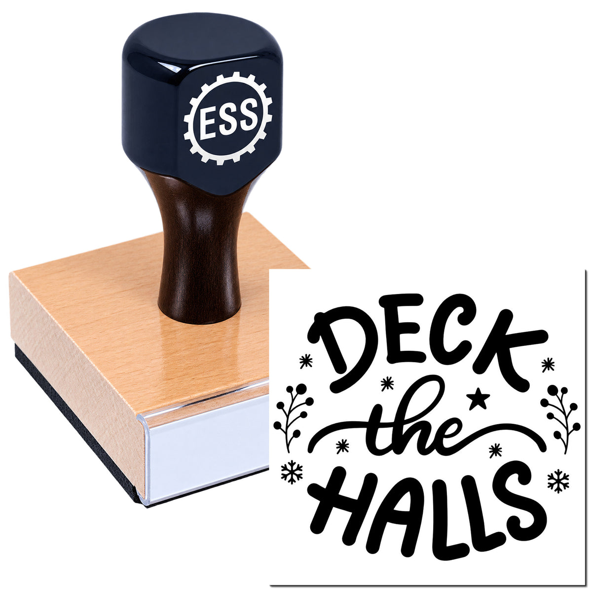 Black ESS stamp and seal on a pink pad with a decorative "Deck the Halls" holiday design.