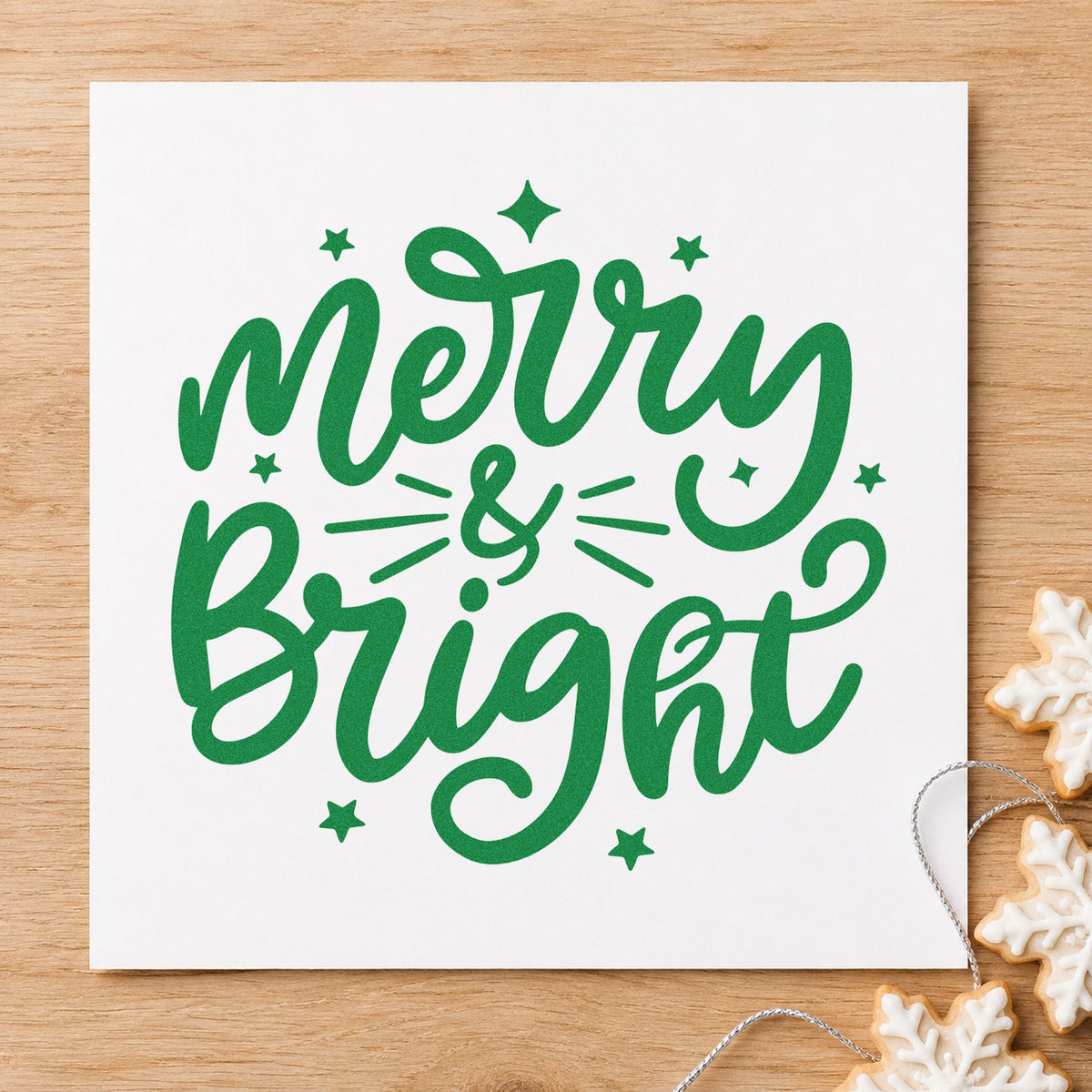 Merry And Bright Stars craft stamp imprinted in green ink on paper, a design suited to programme seals.