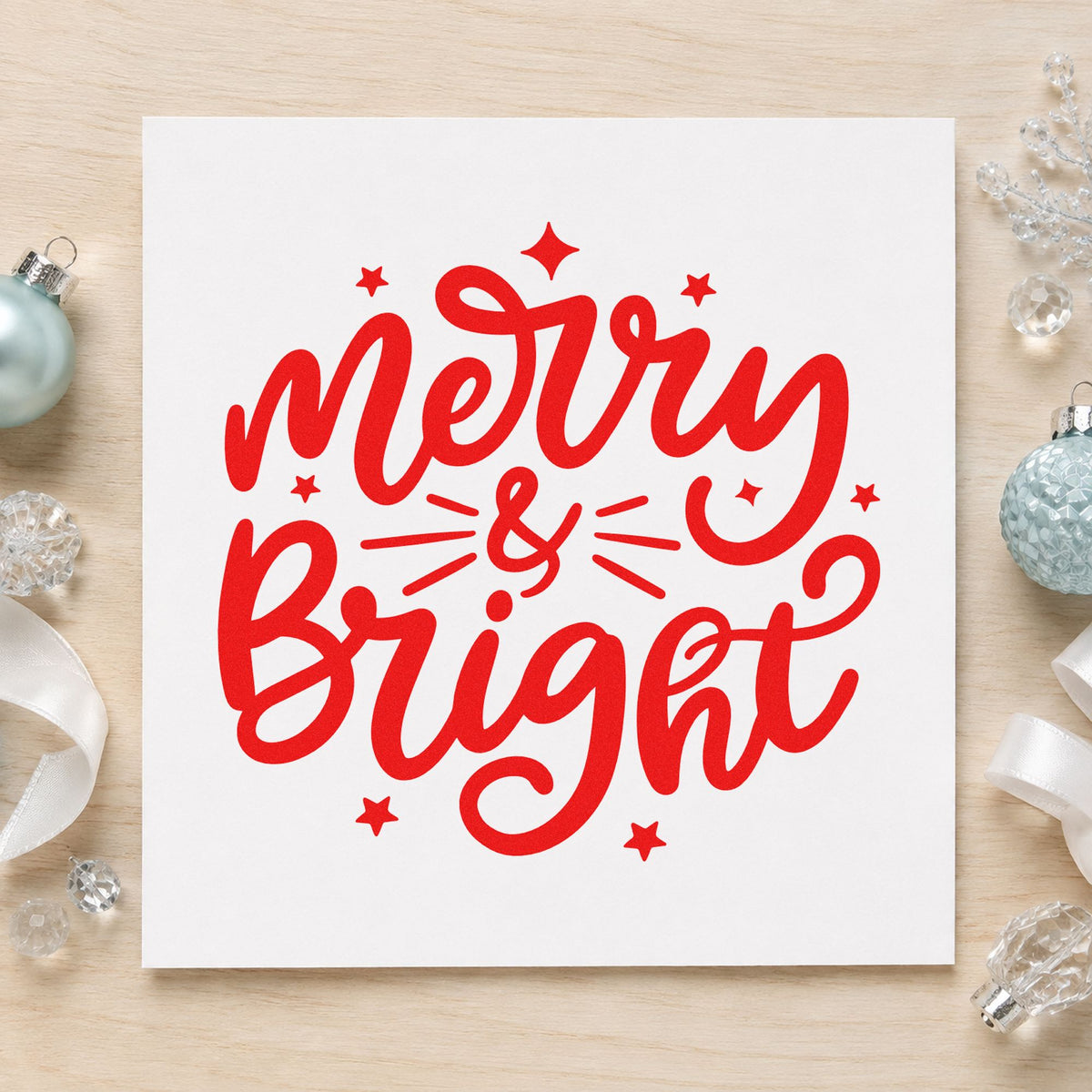 Merry And Bright Stars rubber stamp shown in red ink, stamped for projects such as switch on notes.