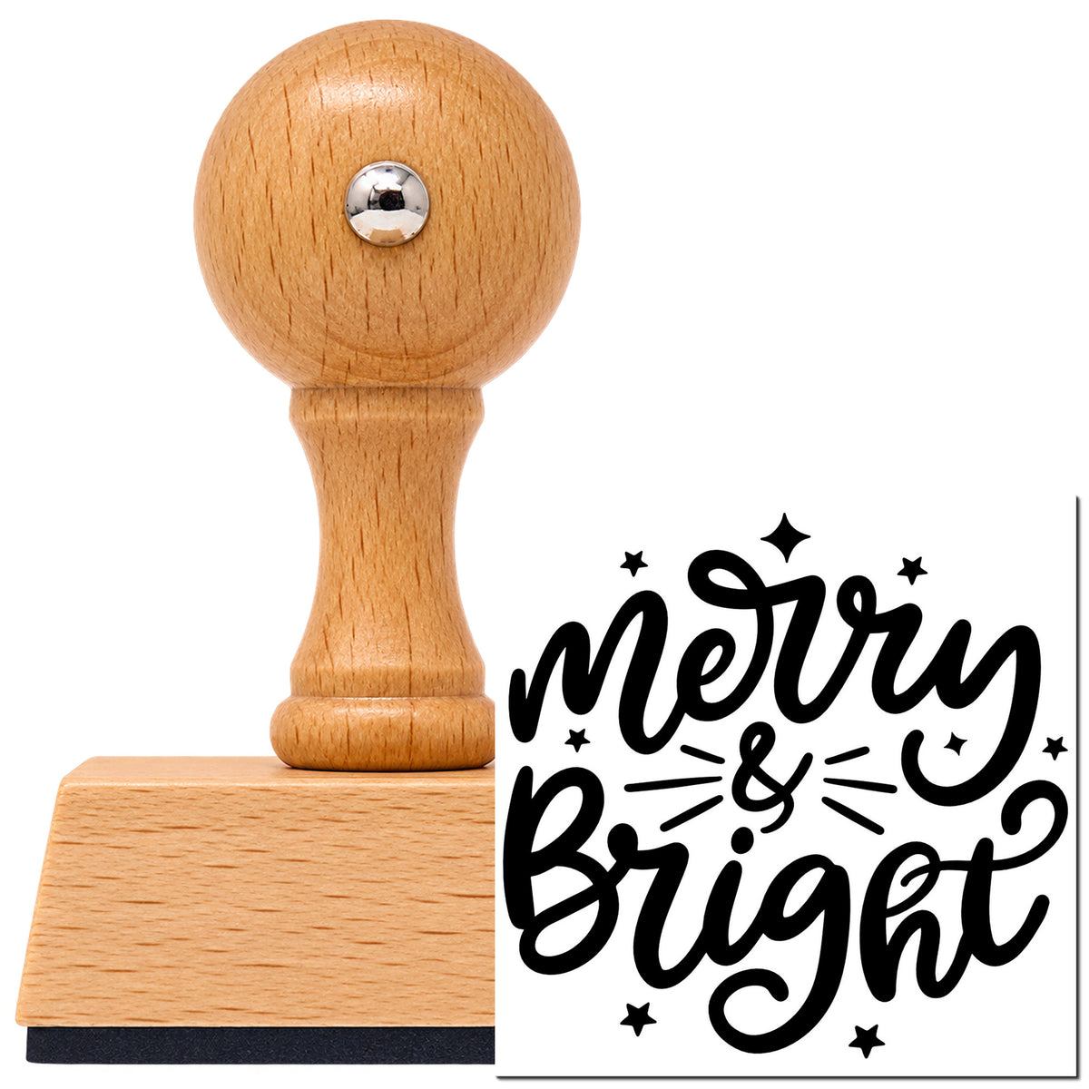 Vintage Pro beech wood stamp with a round knob handle, shown with its black Merry And Bright Stars imprint on white.