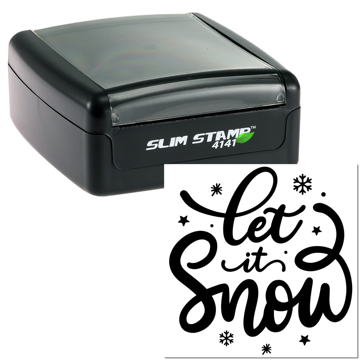 Black Slim Stamp 4141 self-inking stamp with white Let it Snow seal and snowflake design on a white background.