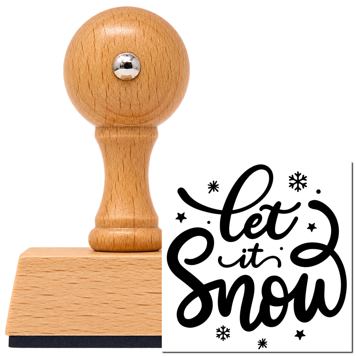 Vintage Pro beech wood stamp with a round knob handle, shown with its black Let It Snow imprint on white.
