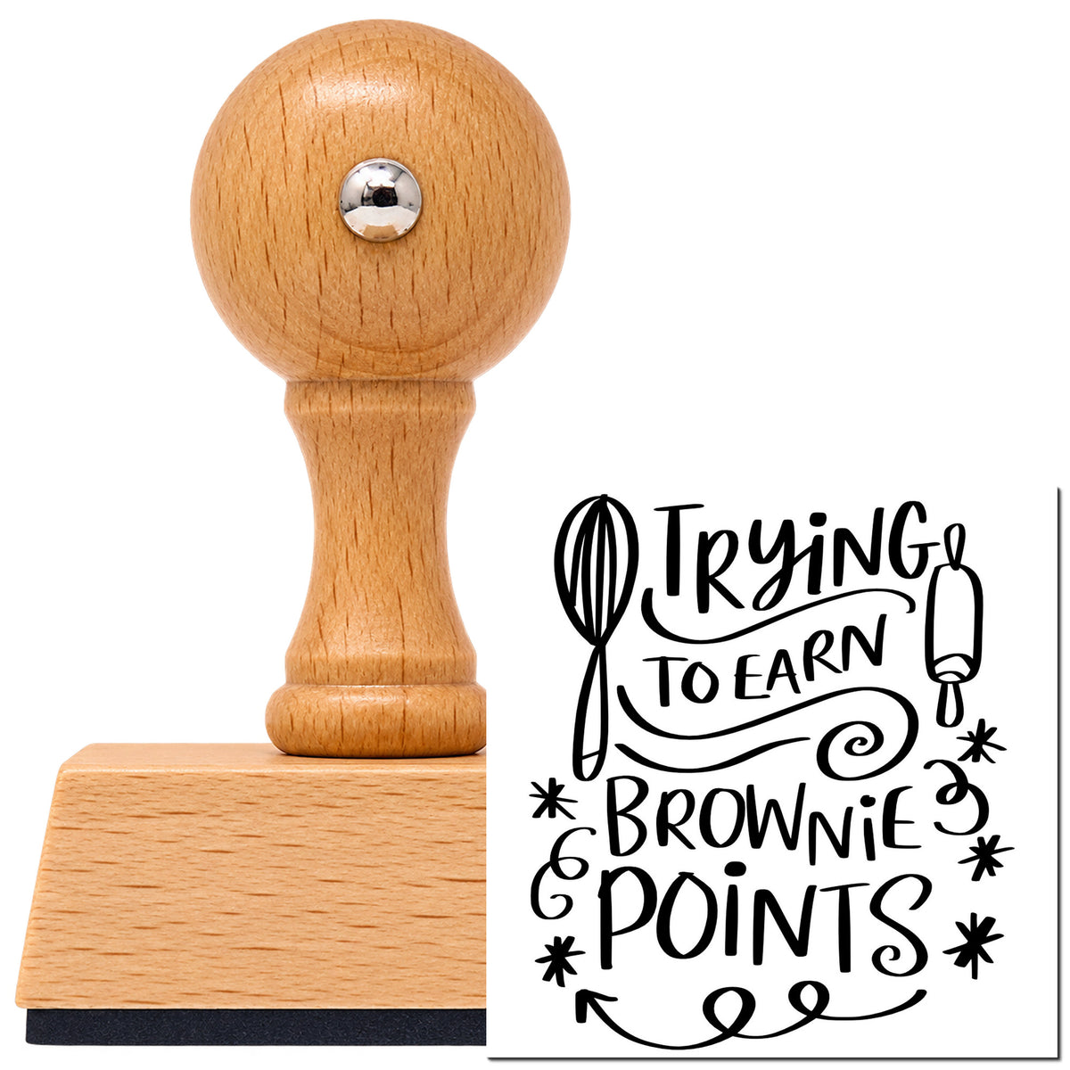 Vintage Pro beech wood stamp with a round knob handle, shown with its black Trying To Earn Brownie Points imprint on white.