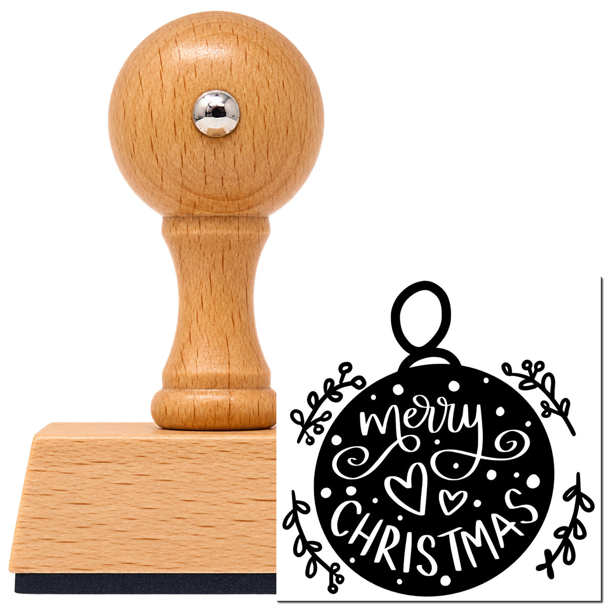 Vintage Pro beech wood stamp with a round knob handle, shown with its black Merry Christmas Round Ornament Botanical Sprig imprint on white.