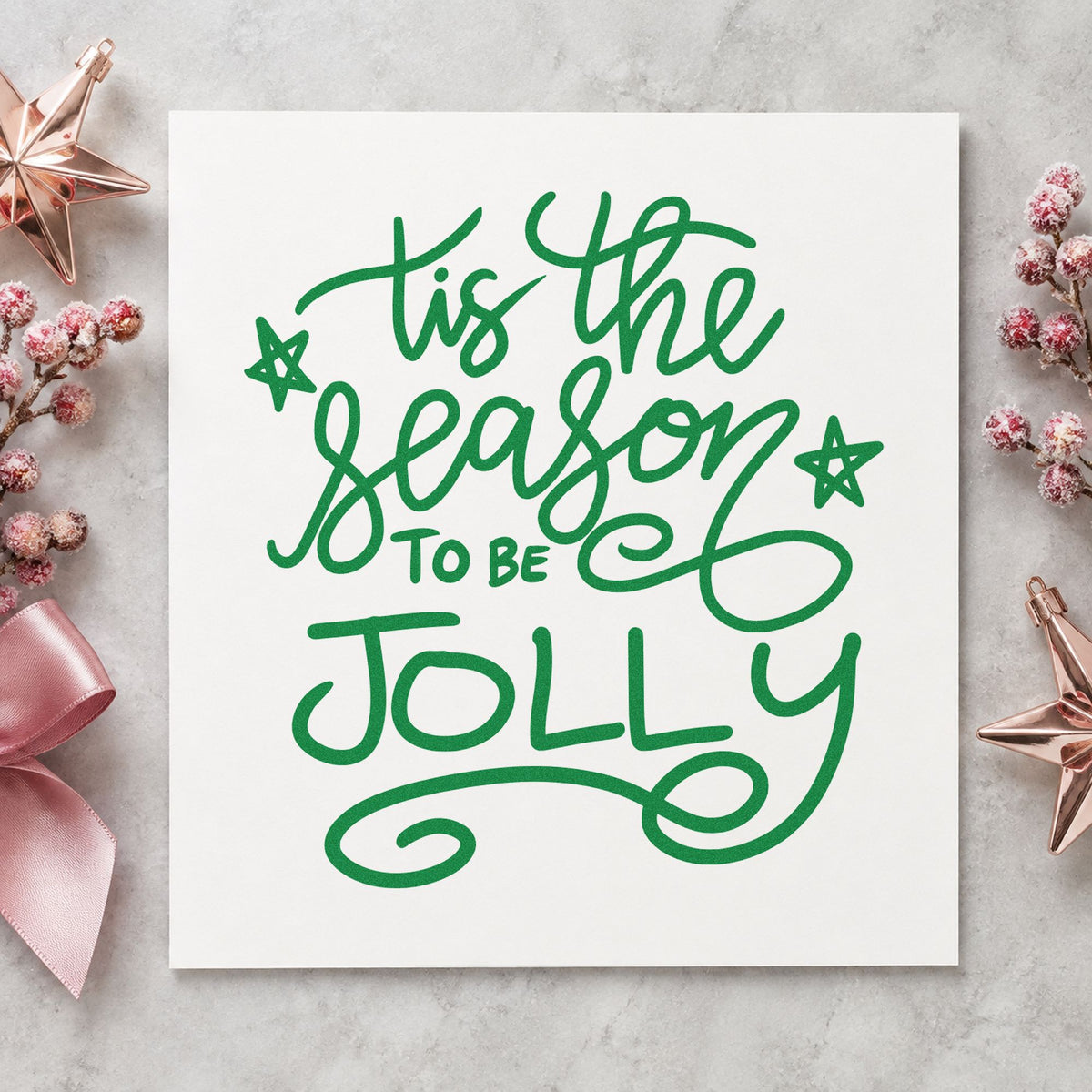 Tis The Season To Be Jolly craft stamp imprint in green ink on a handmade project, one idea being session plan pages.