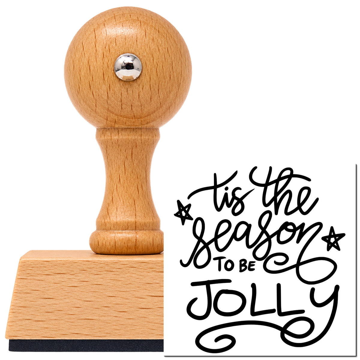Vintage Pro beech wood stamp with a round knob handle, shown with its black Tis The Season To Be Jolly With Stars imprint on white.