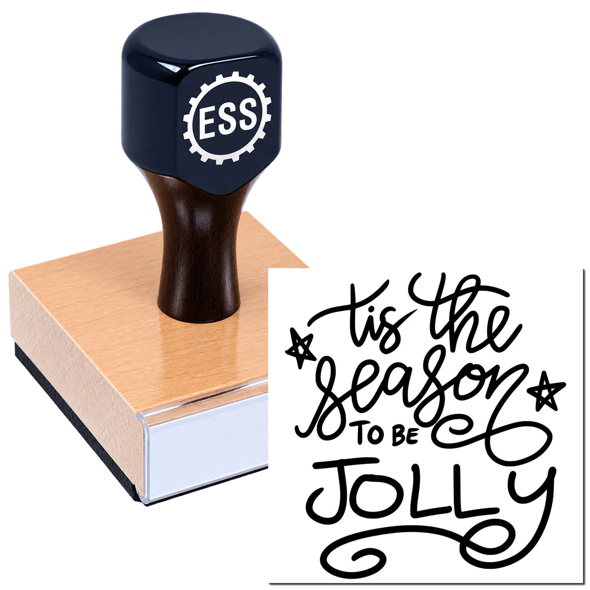 Dark navy ESS custom stamp and wooden seal block with black calligraphy reading "'tis the season to be jolly."