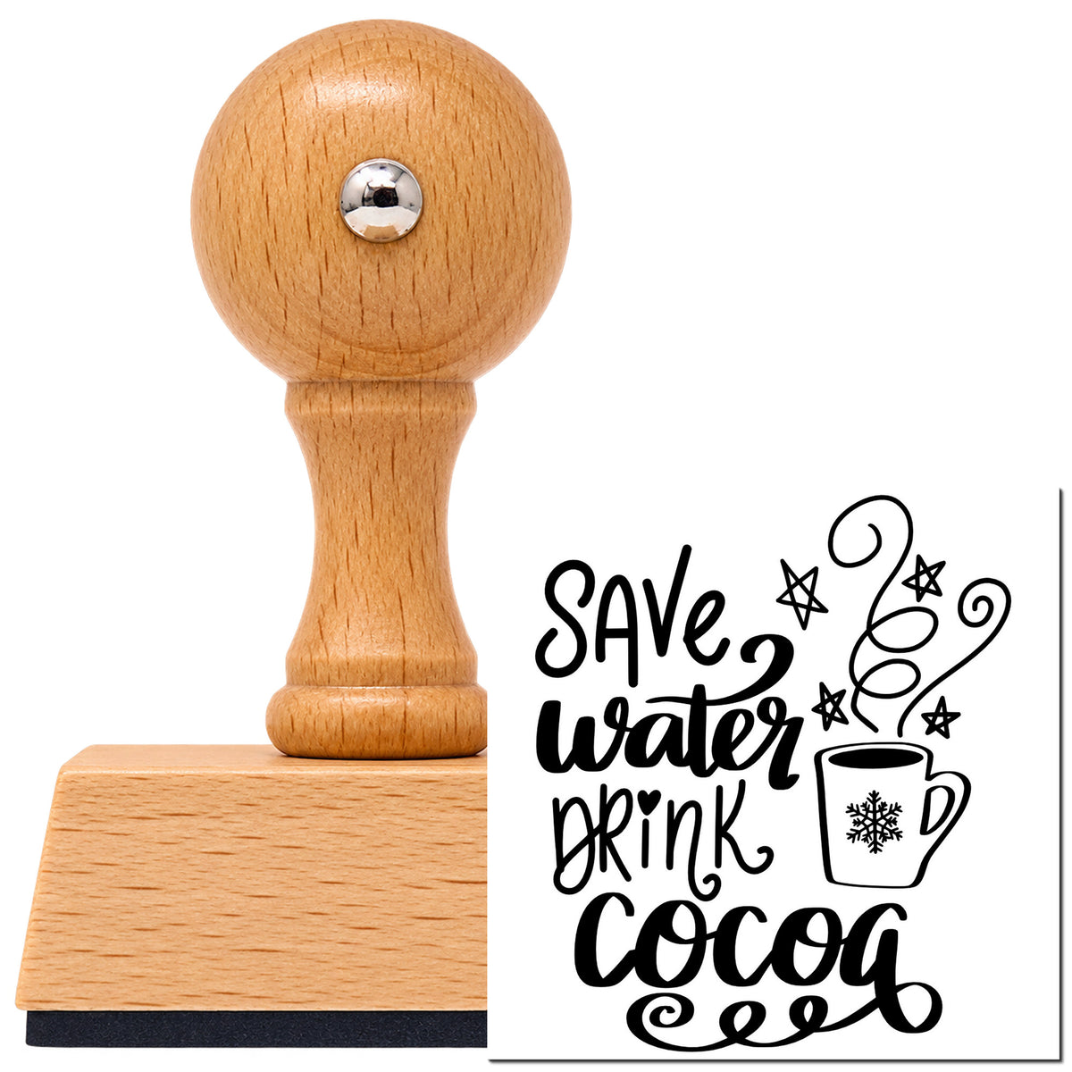 Vintage Pro beech wood stamp with a round knob handle, shown with its black Save Water Drink Cocoa Snowflakes imprint on white.