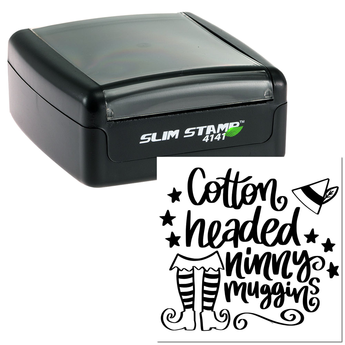 Black Slim Stamp self-inking seal with black Cotton headed ninny muggins design, stars, and witch legs illustration.