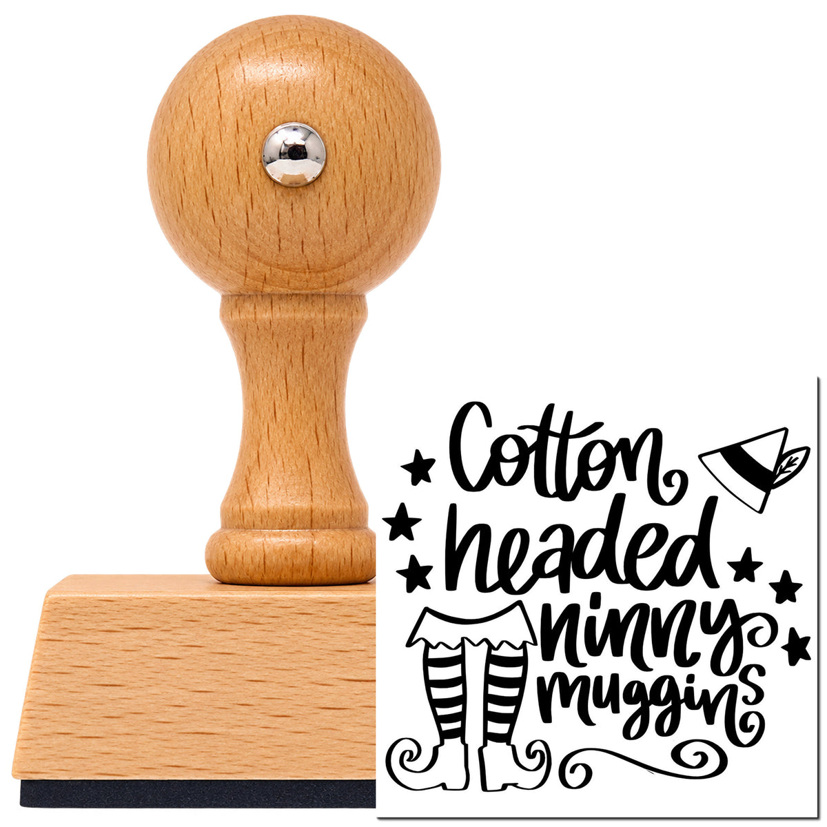 Vintage Pro beech wood stamp with a round knob handle, shown with its black Cotton Headed Ninny Muggins Elf imprint on white.