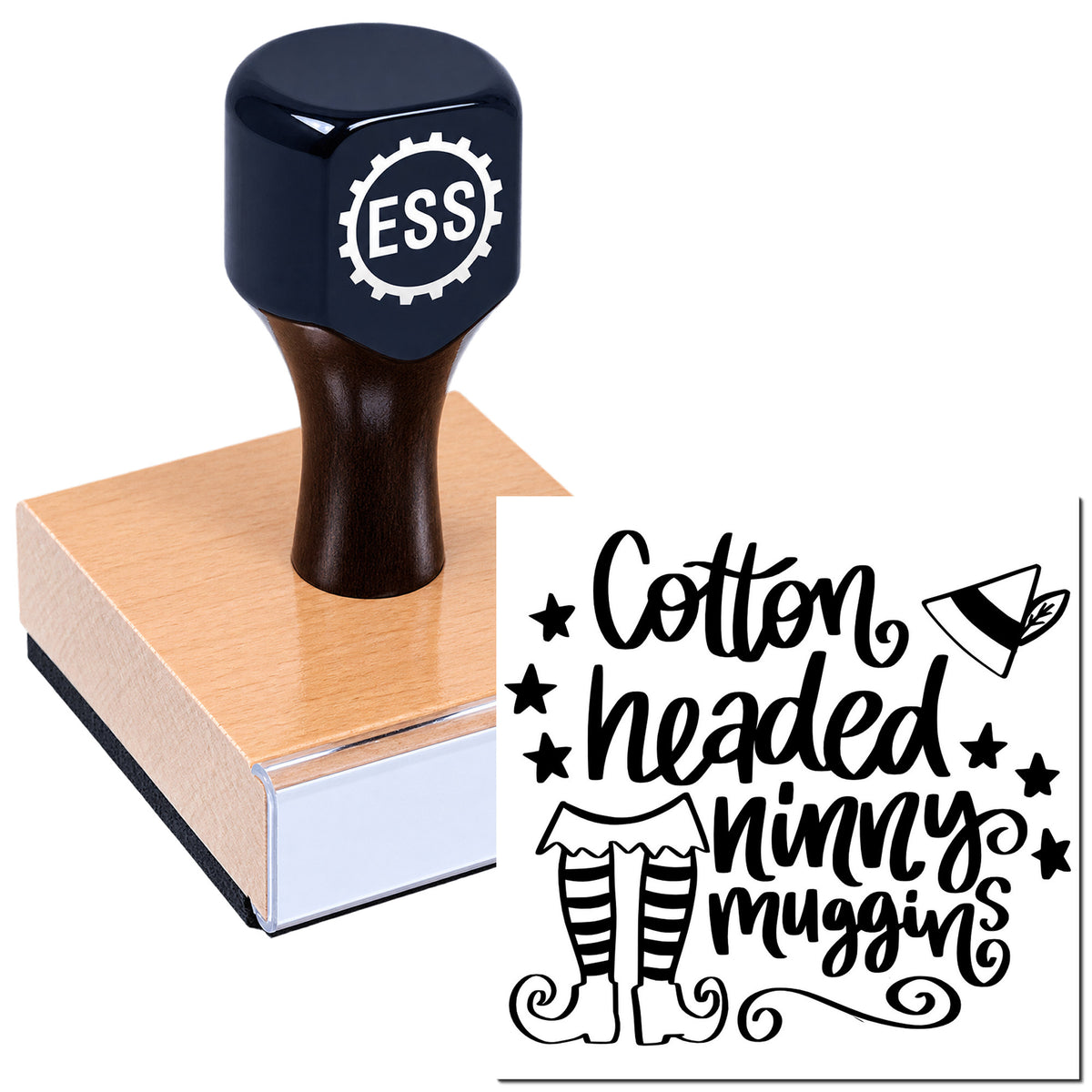 Dark navy custom rubber stamp and seal on a pink-and-white block, with "Cotton headed ninny muggins" design.