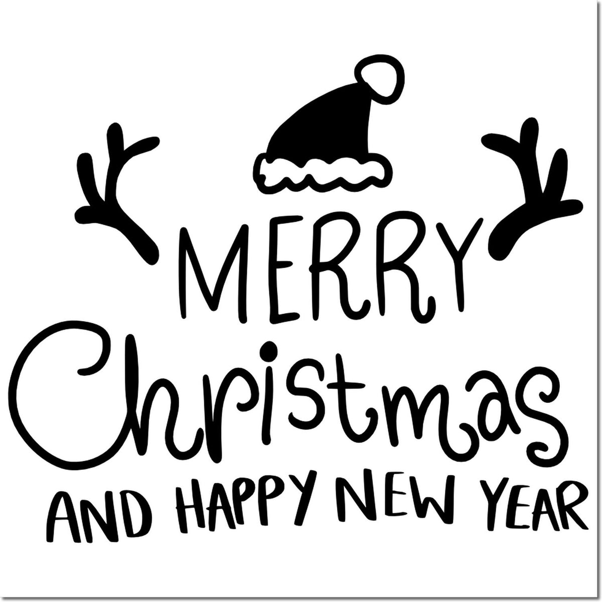 Black holiday stamp and seal design with Santa hat, antlers, and Merry Christmas and Happy New Year text on white.