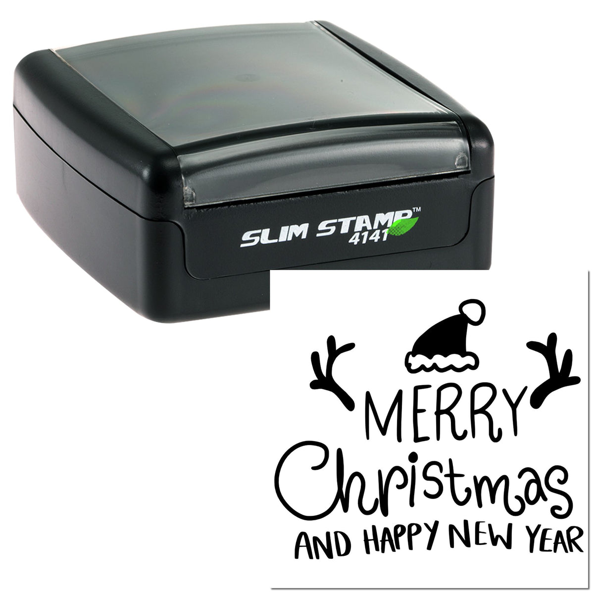 Black Slim Stamp 4141 self-inking stamp with festive Christmas seal in black reading Merry Christmas and Happy New Year.