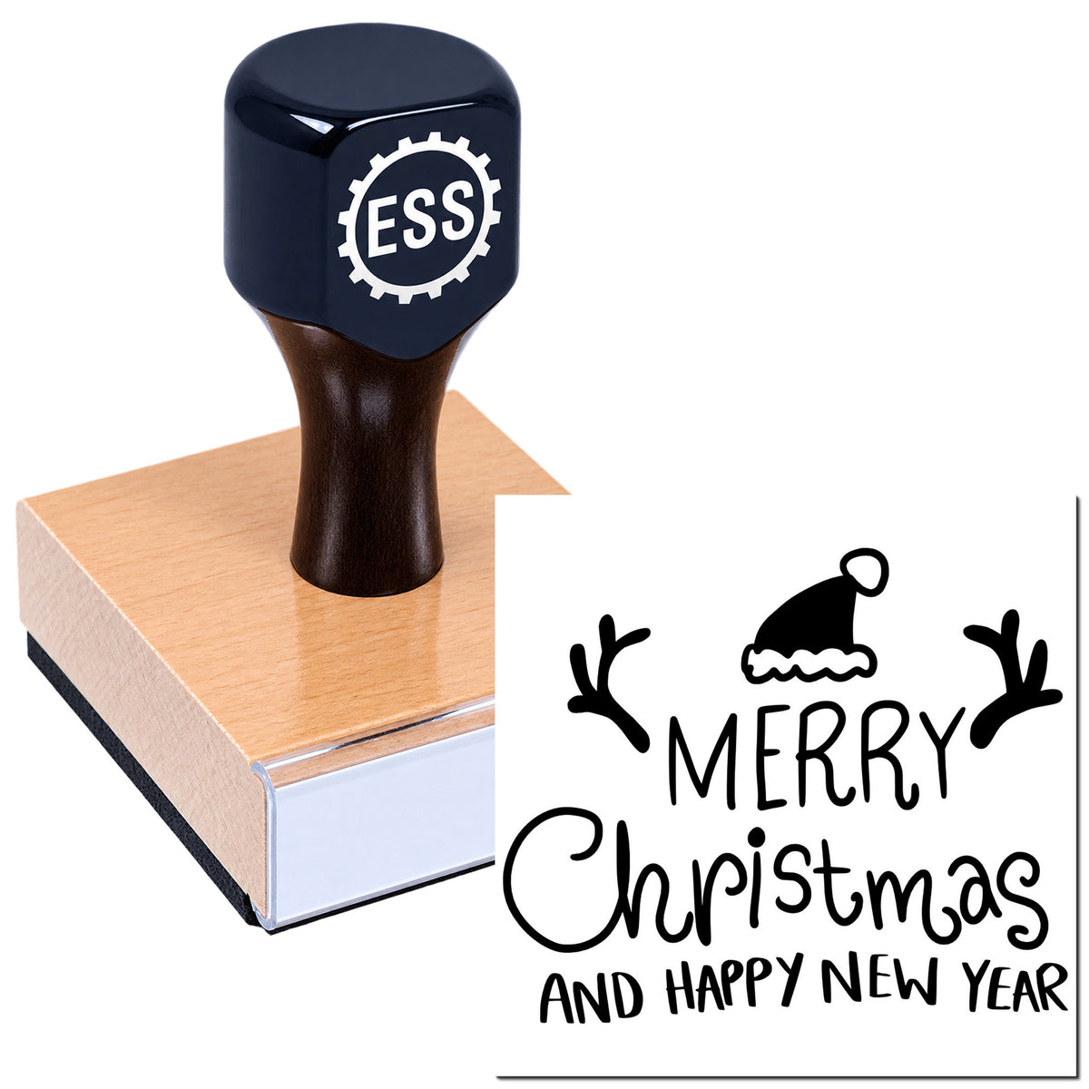Black ESS custom rubber stamp on a wooden base, with a black Merry Christmas and Happy New Year seal design.