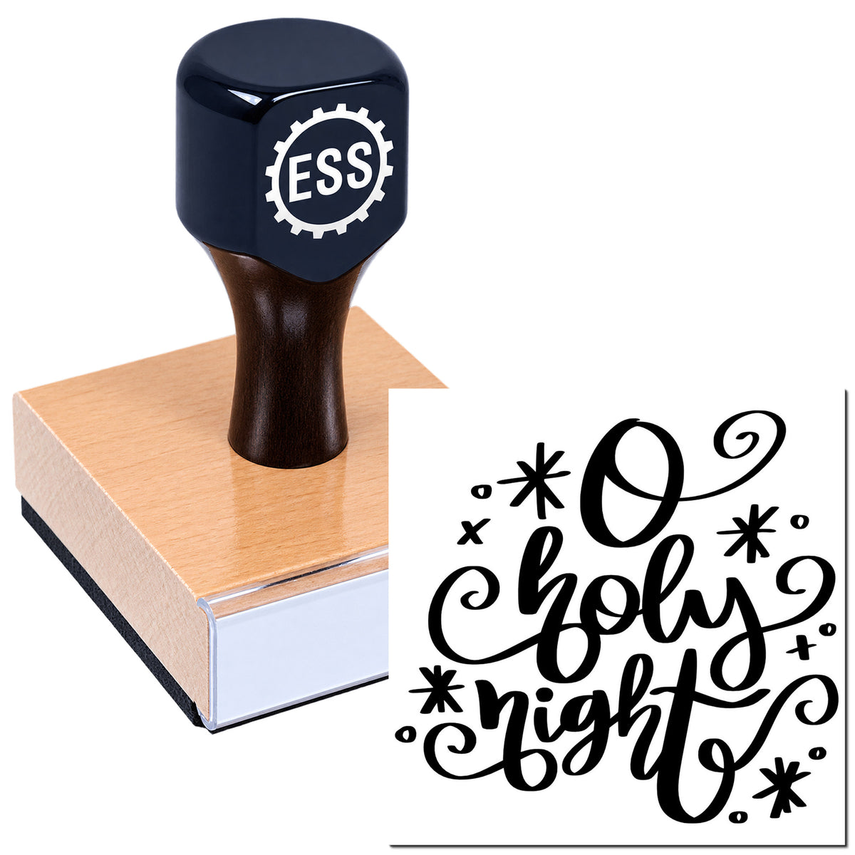 Dark blue ESS rubber stamp on a wooden base, with a black decorative seal reading "Oh holy night."