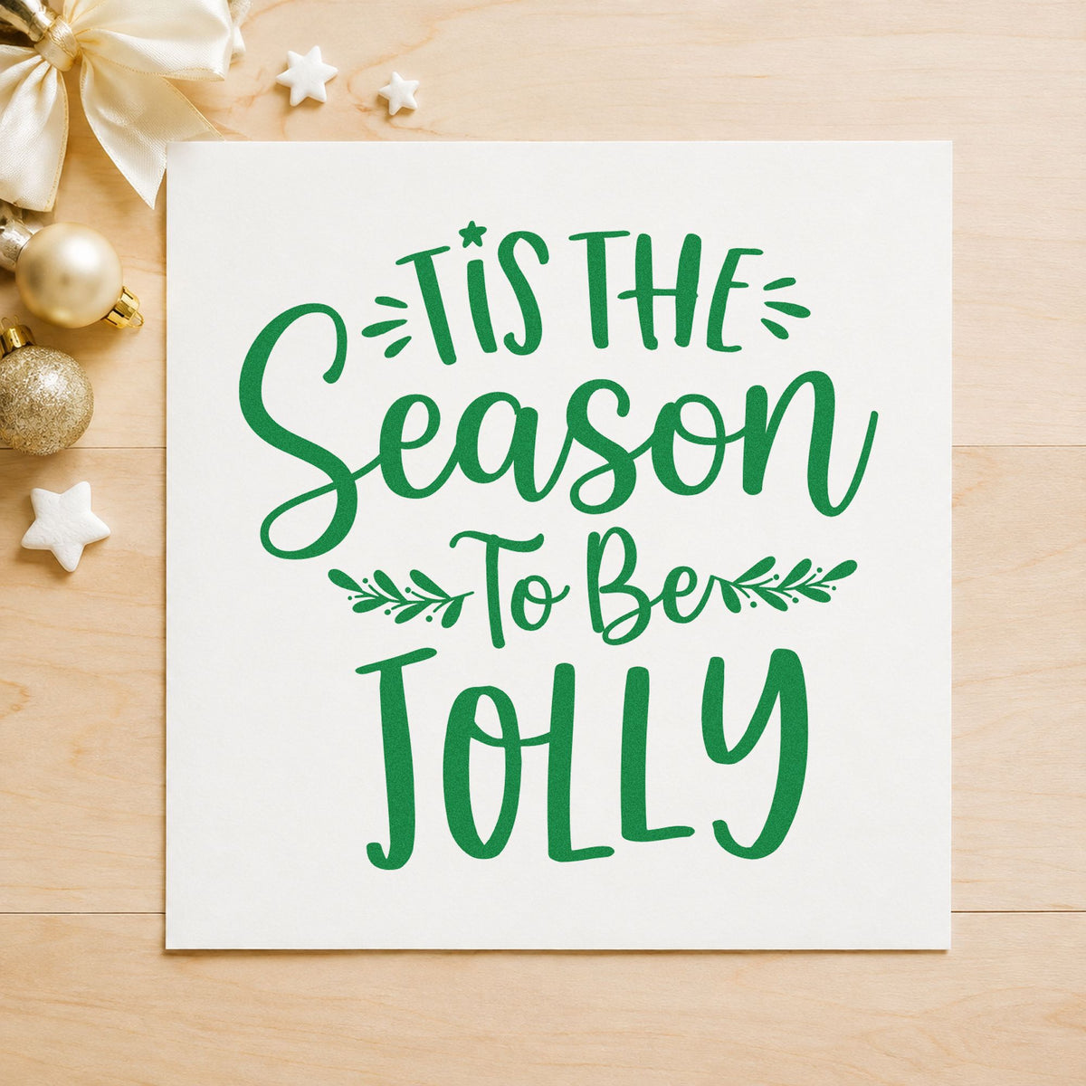 Tis Season To Be Jolly Sprigs craft stamp imprint in green ink on a handmade project, one idea being foliage list pages.